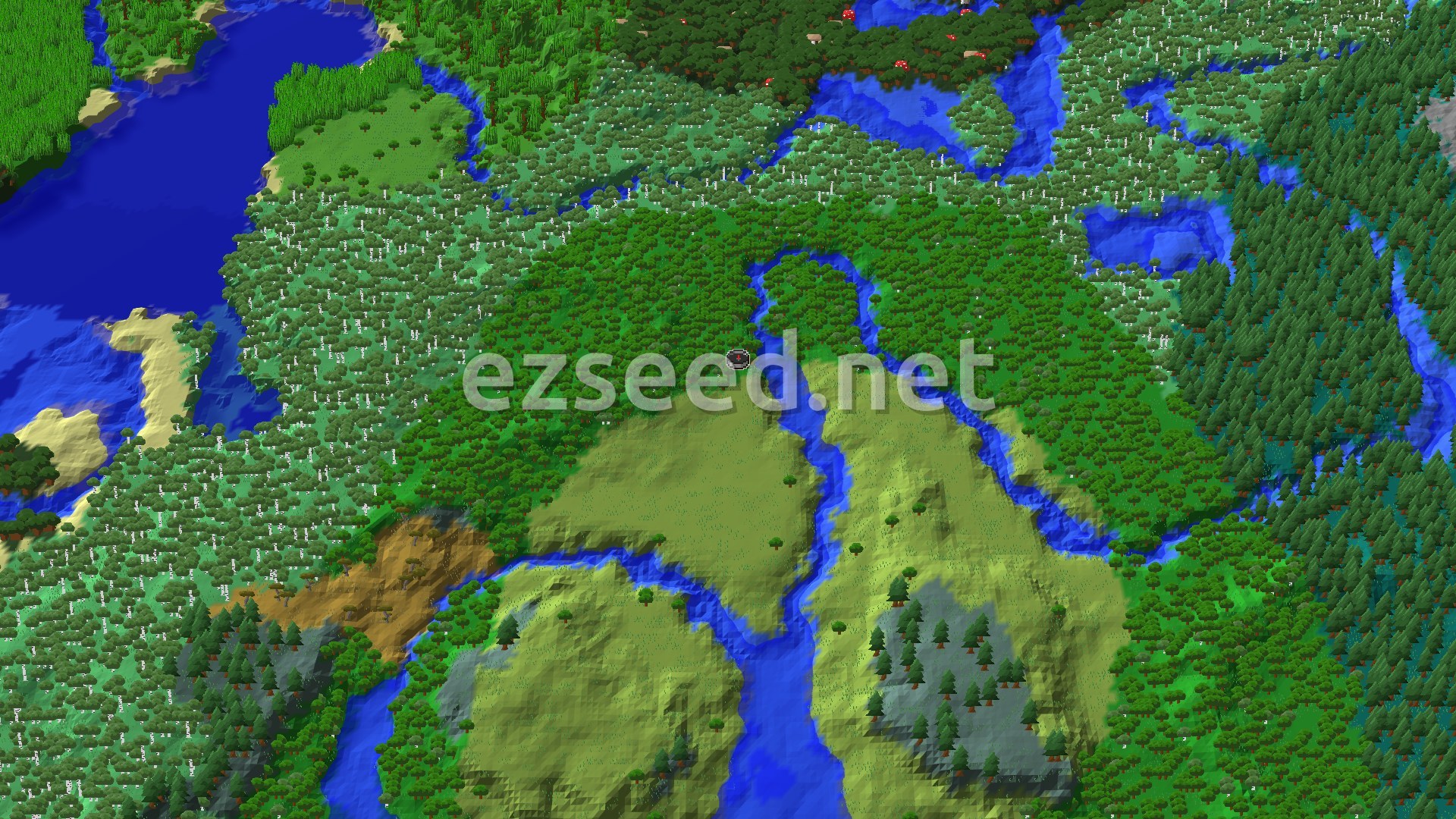 Aerial Minecraft seed map — Forest Spawn with Nearby Jungle and Taiga