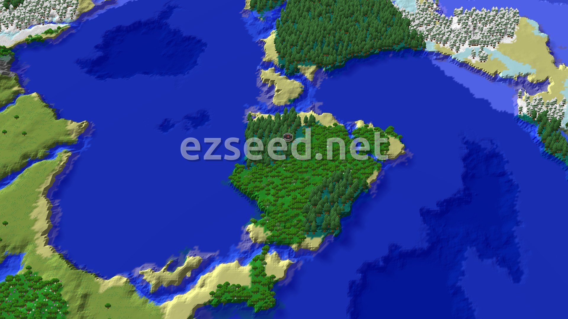 Aerial Minecraft seed map — Trial Chambers and Ocean Monuments Near a Taiga Spawn
