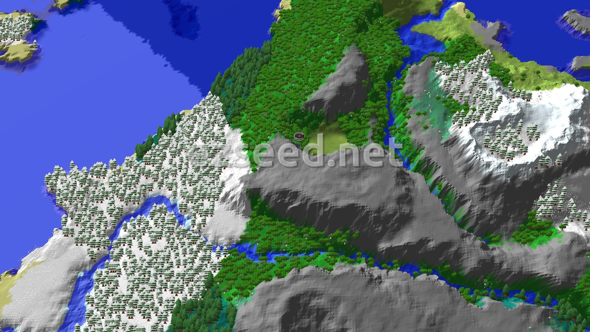 Aerial Minecraft seed map — Forest Spawn with Nearby Frozen Peaks and Ancient City
