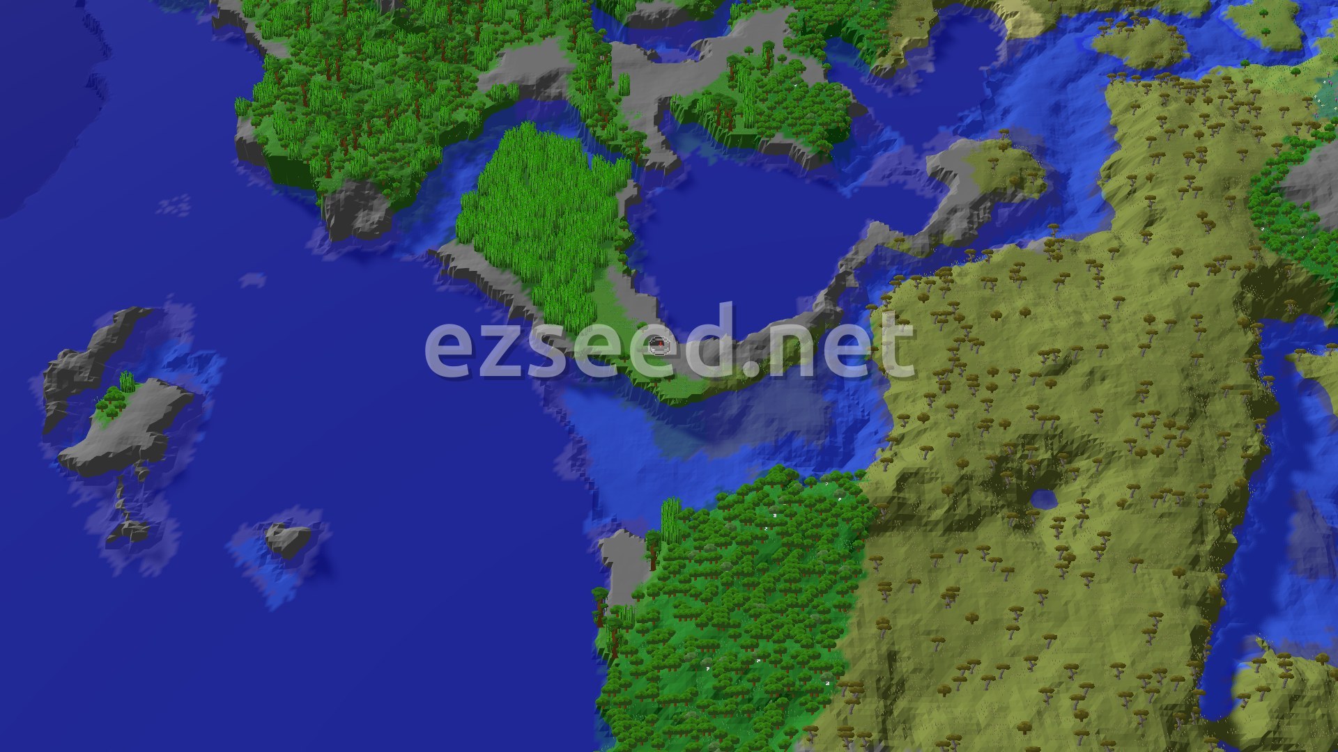 Aerial Minecraft seed map — A Jungle Inlet Spawn with a Nearby Mineshaft