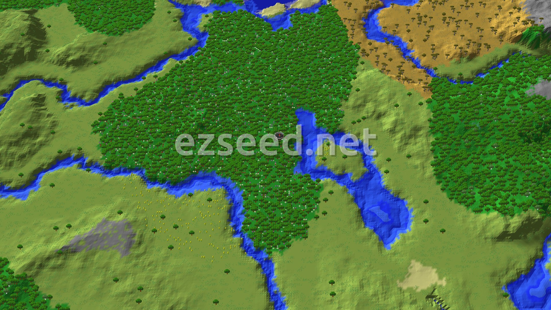 Aerial Minecraft seed map — Flower Forest Spawn with Near Trial Chambers