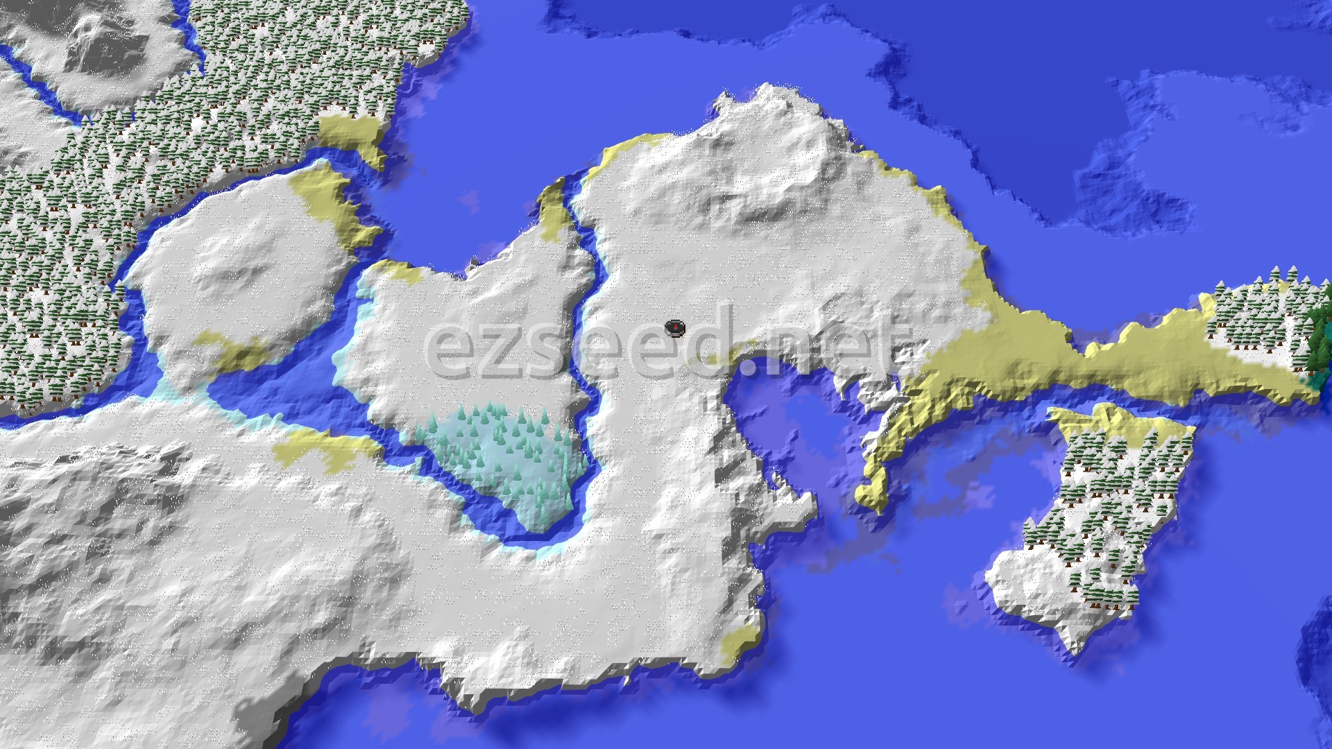 Aerial Minecraft seed map — Frozen Islands and Icy Peaks Near a Mushroom Field