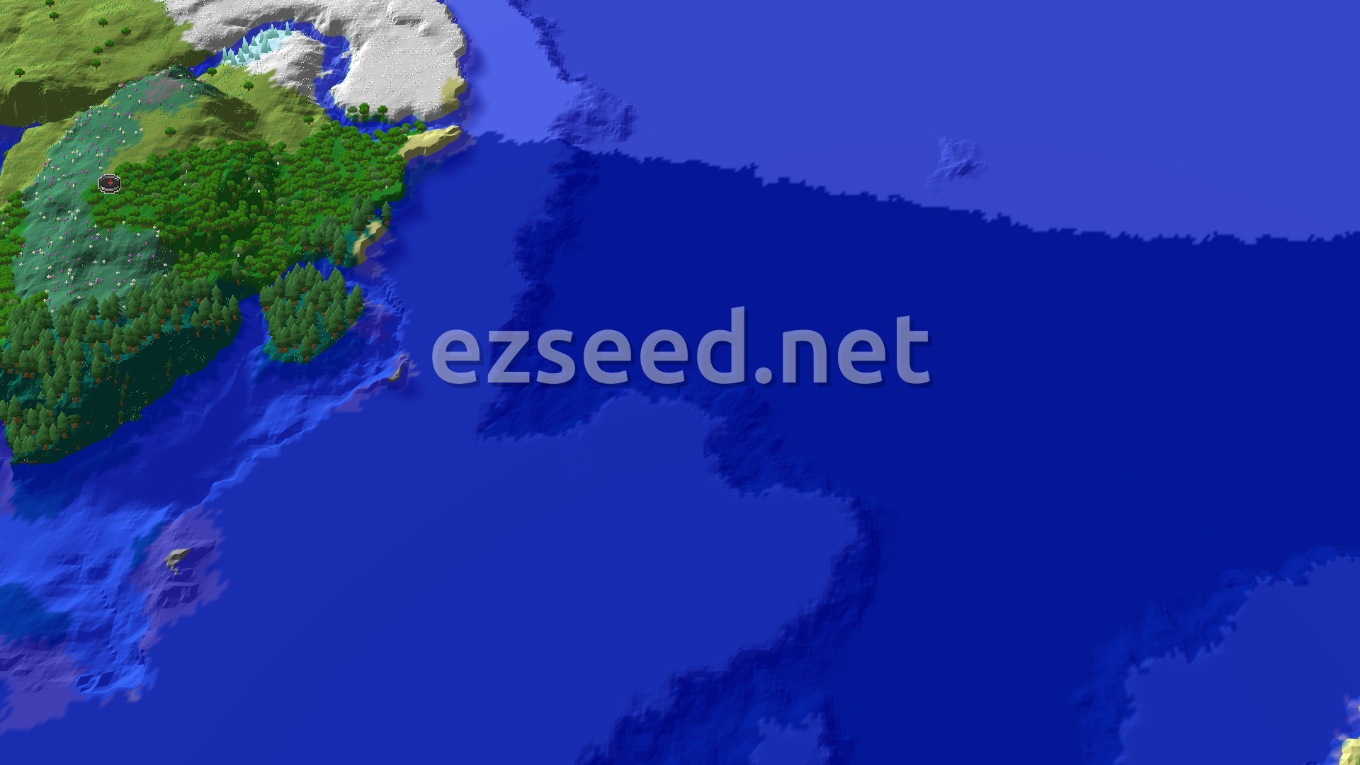 An overhead 3D view of a large forest, with some plains and snowy biomes to the north, and a vast ocean to the east and south. A spawn marker is visible in the forest.