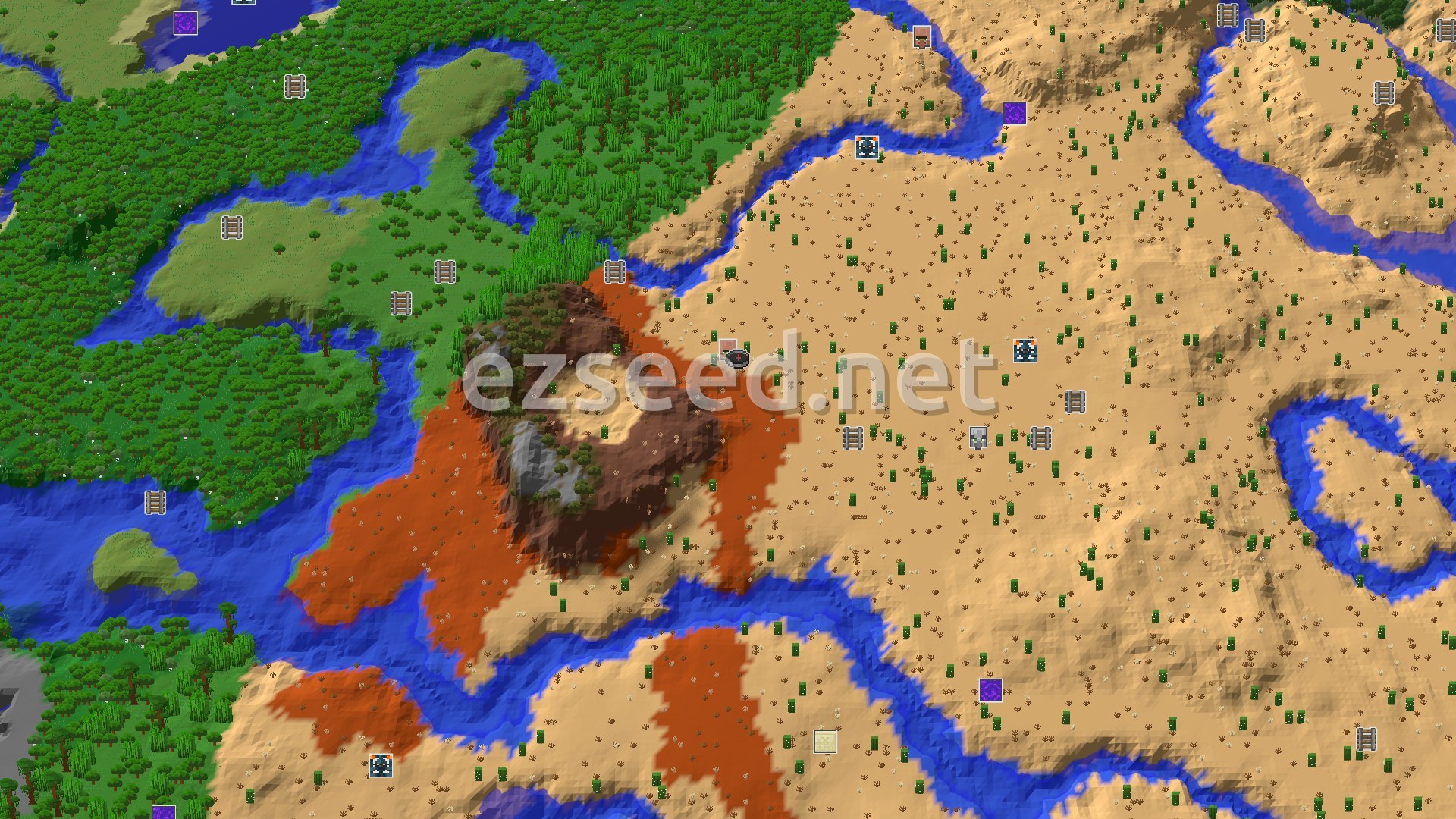 Aerial Minecraft seed map — A Badlands Start with a Close Village