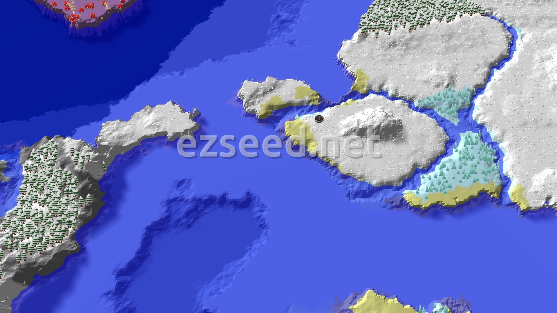 Aerial Minecraft seed map — A Frozen Spawn with a Nearby Mushroom Fields Island