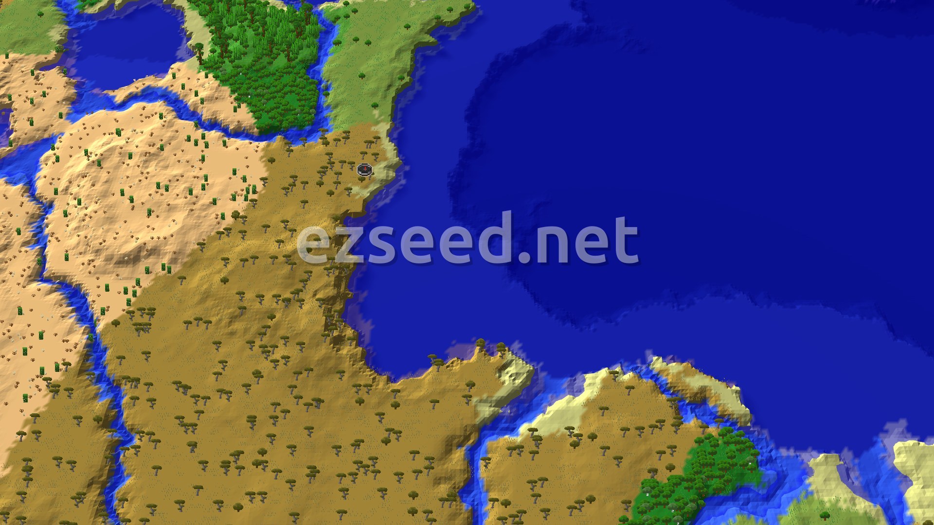 Aerial Minecraft seed map — Village with Blacksmith and Nearby Jungles