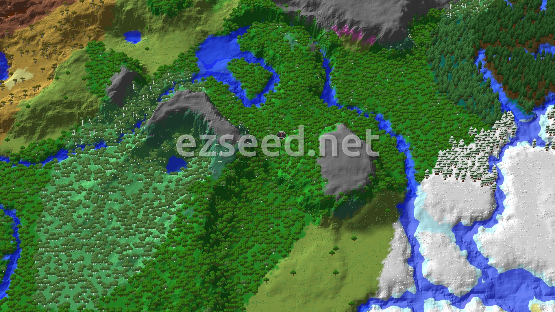 Aerial Minecraft seed map — Forest Spawn with Nearby Ancient City