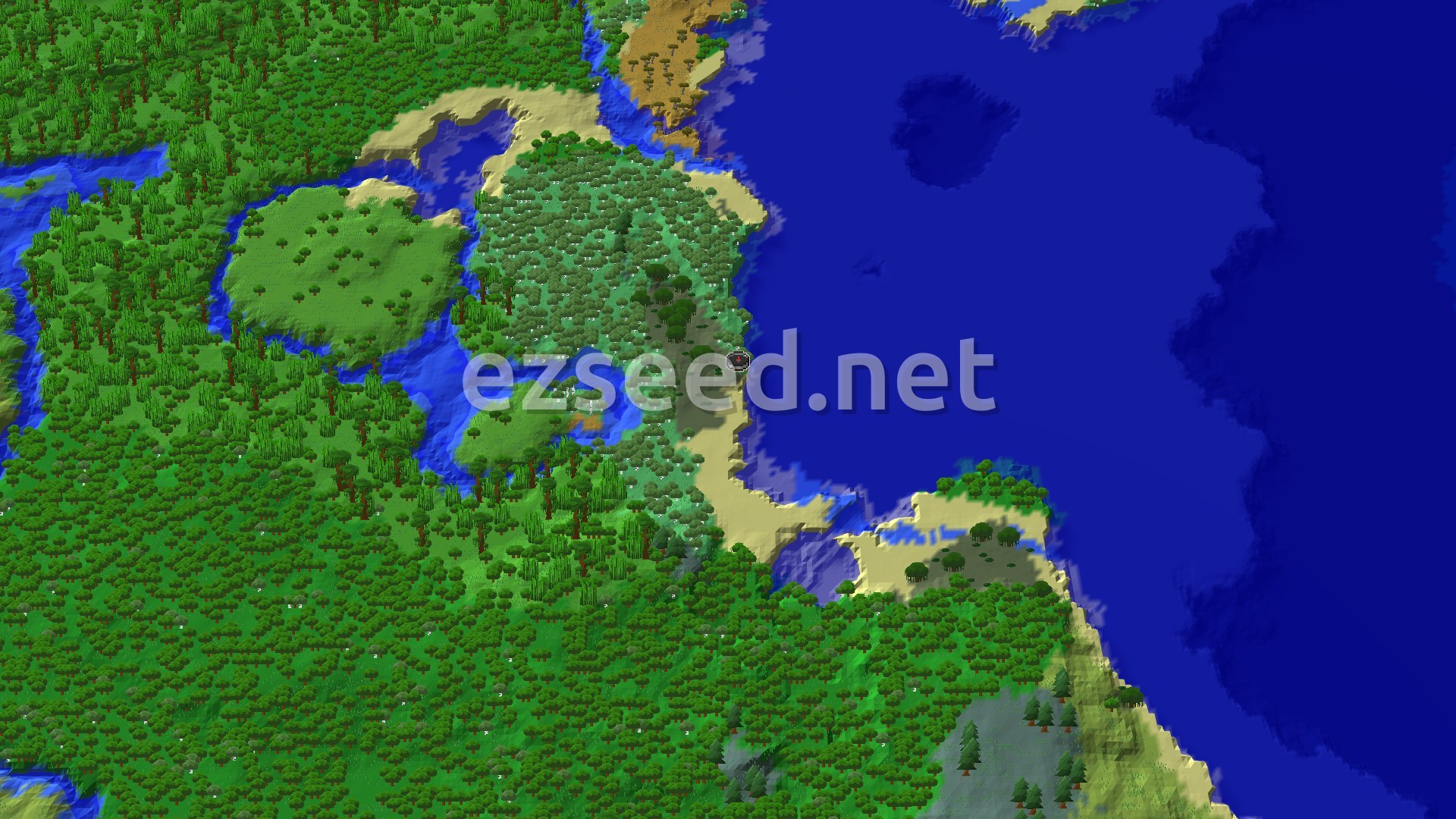 An aerial view of a verdant landscape with a large body of blue water to the east. The land is covered mostly in various shades of green trees, indicating forests and jungles, with some lighter sandy beach areas along the coastline. A winding river cuts through the green terrain.