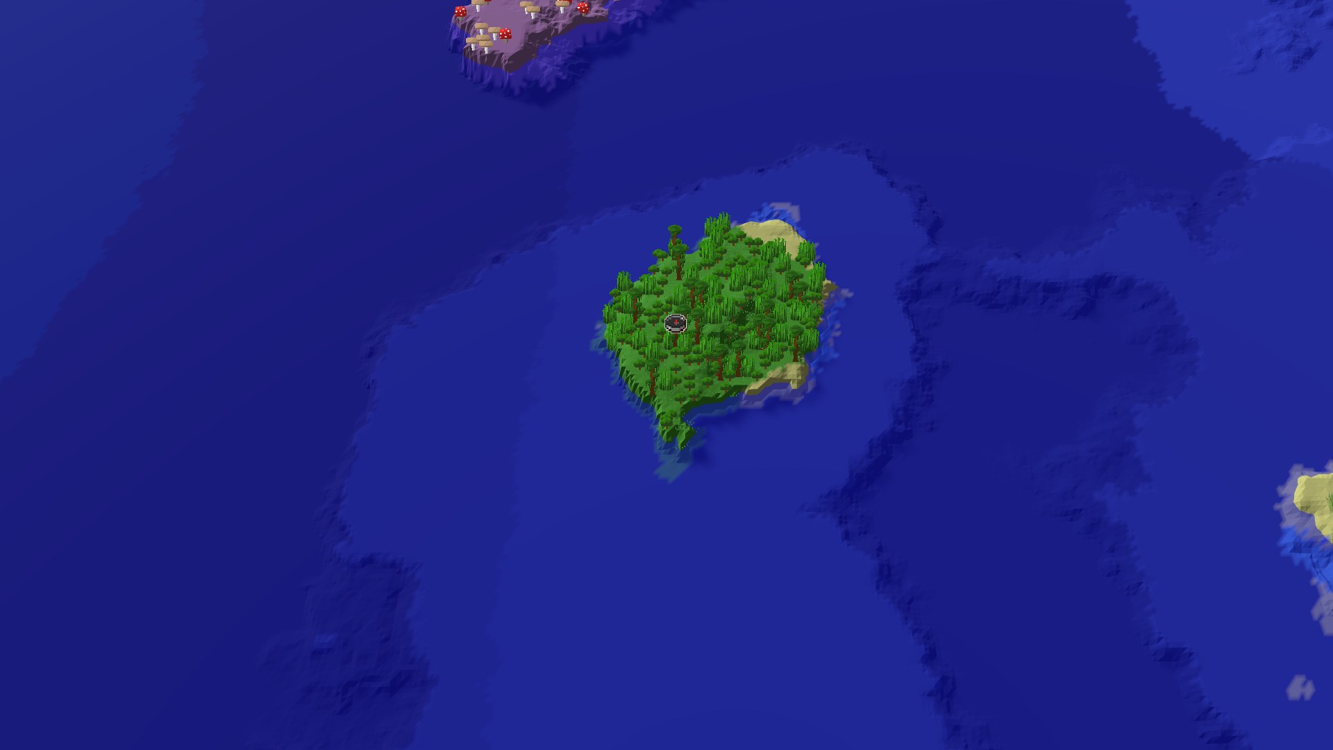 Aerial Minecraft seed map — Jungle Island Spawn with a Nearby Temple and Mushroom Fields