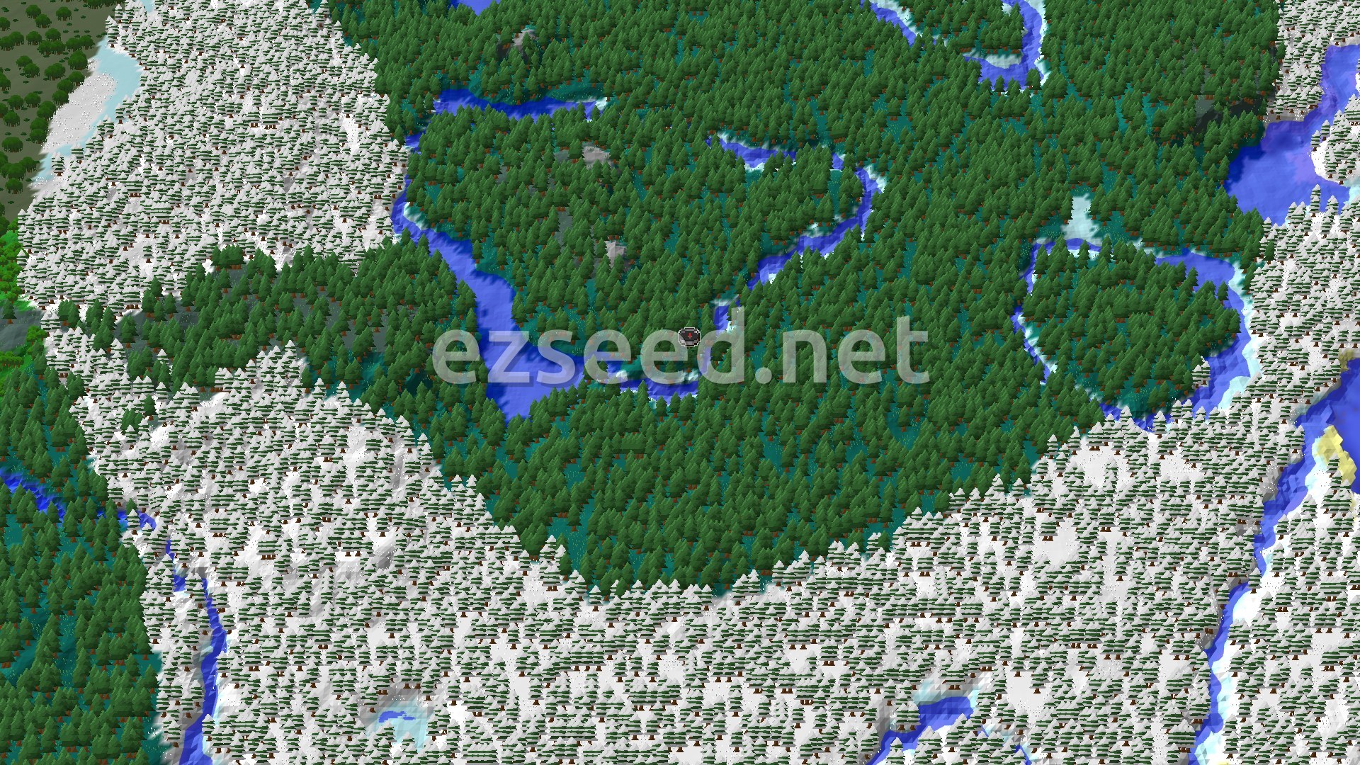 An aerial view of a dense taiga forest with a river snaking through it, surrounded by snowy plains and scattered patches of water. A small spawn marker is visible in the center.
