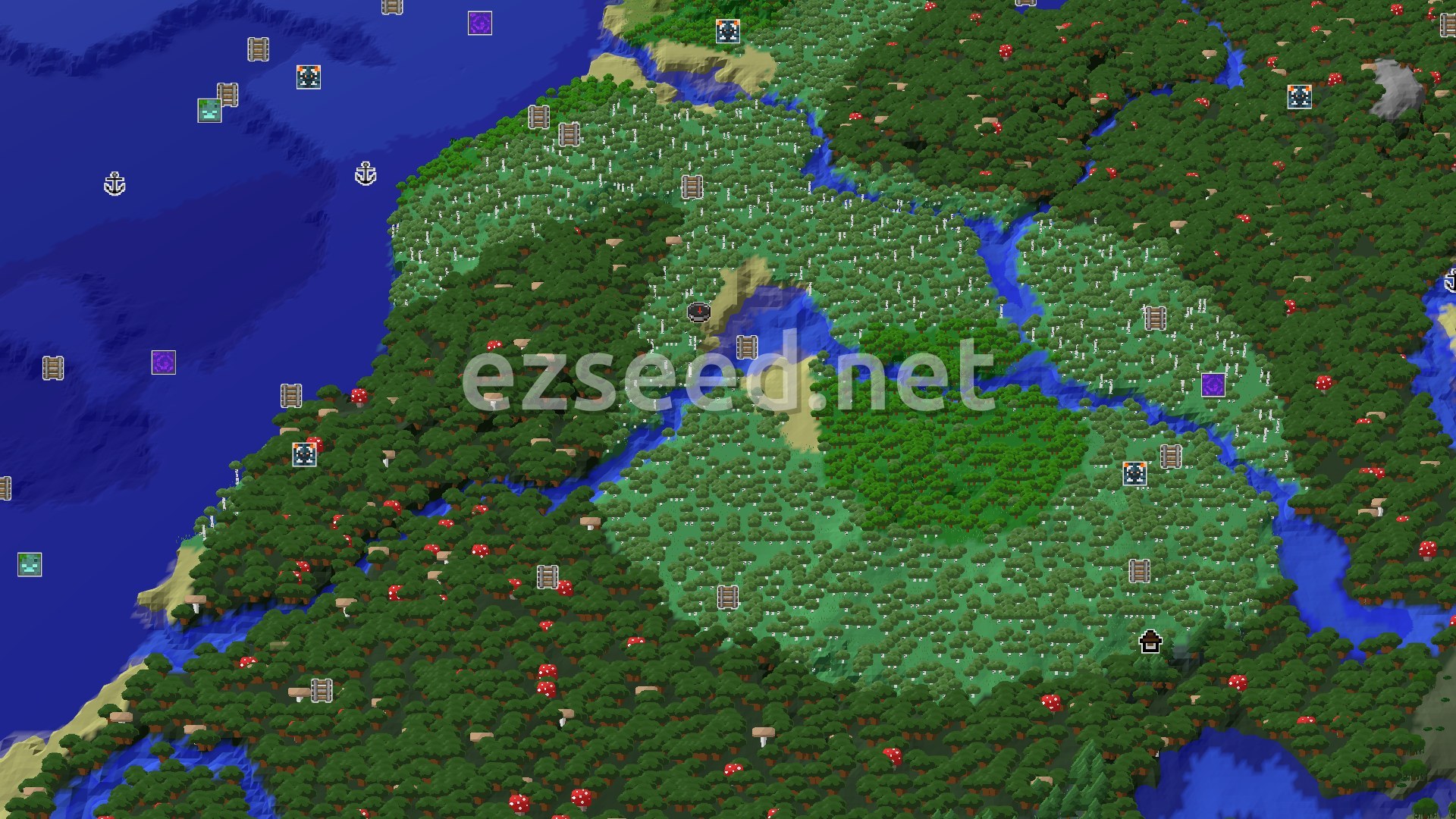 Aerial Minecraft seed map — Spawn in a Dark Forest with a Mansion Nearby