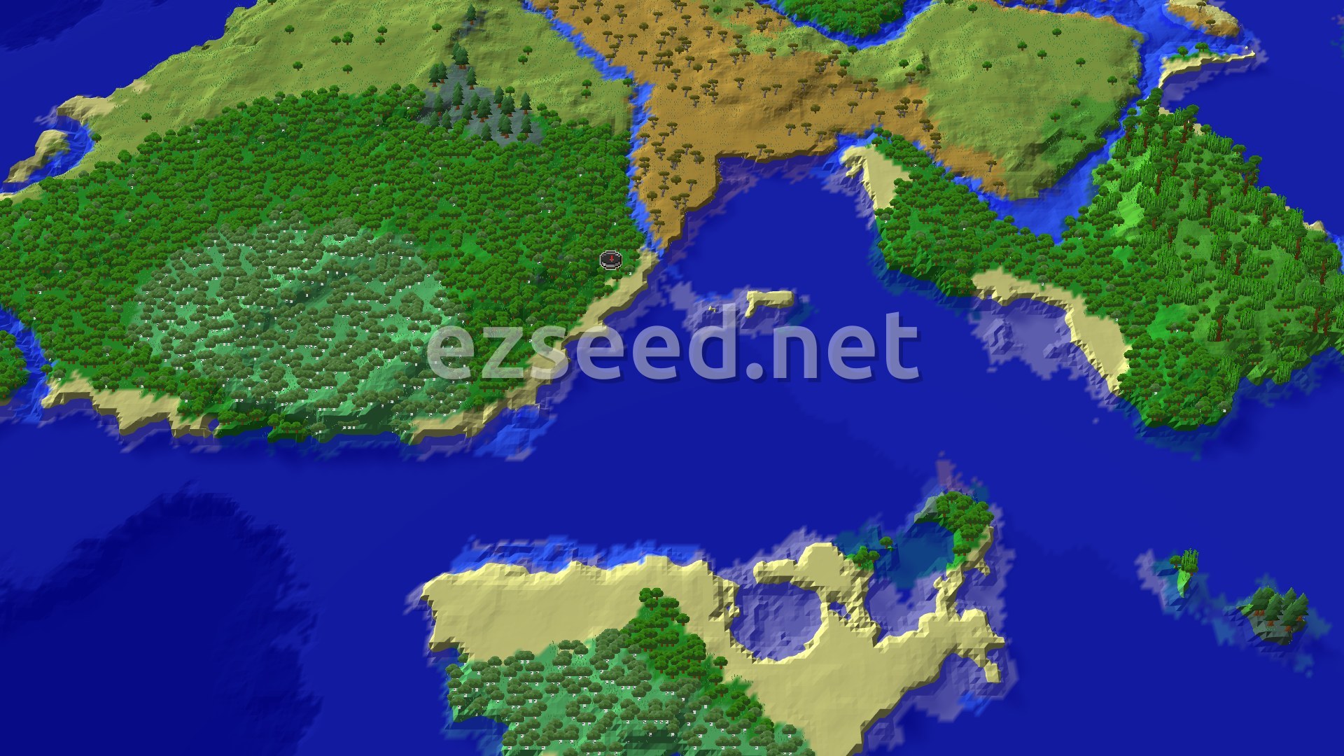 An aerial view of a varied landscape, showing a large forest bordering a beach and ocean, with a savanna biome in the distance and smaller islands scattered across the water.