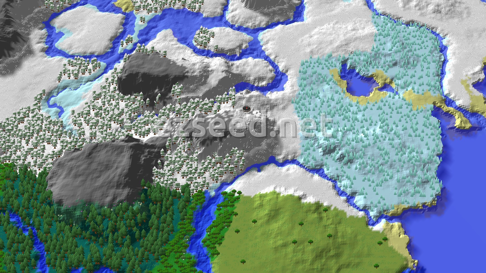 Aerial Minecraft seed map — Ice Spikes Near Spawn in a Vast Winter Wonderland