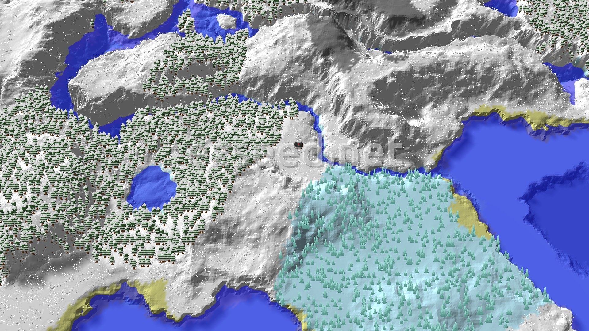 Aerial Minecraft seed map — Ice Spikes Near Spawn in a Snowy World