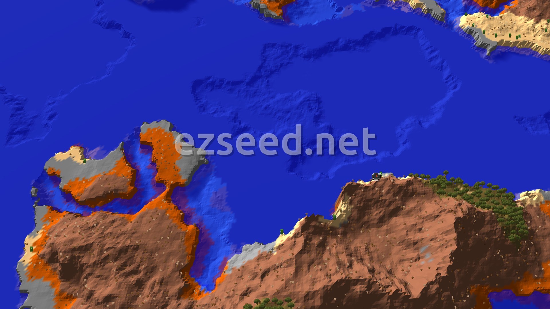 An aerial view of a vibrant Badlands biome bordering a vast Warm Ocean, with a mix of sandy shores and sparse trees near the spawn marker.