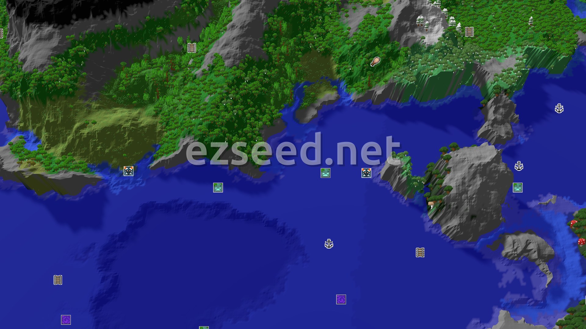 Aerial Minecraft seed map — Stony Peaks and Jungle with a Close Mineshaft