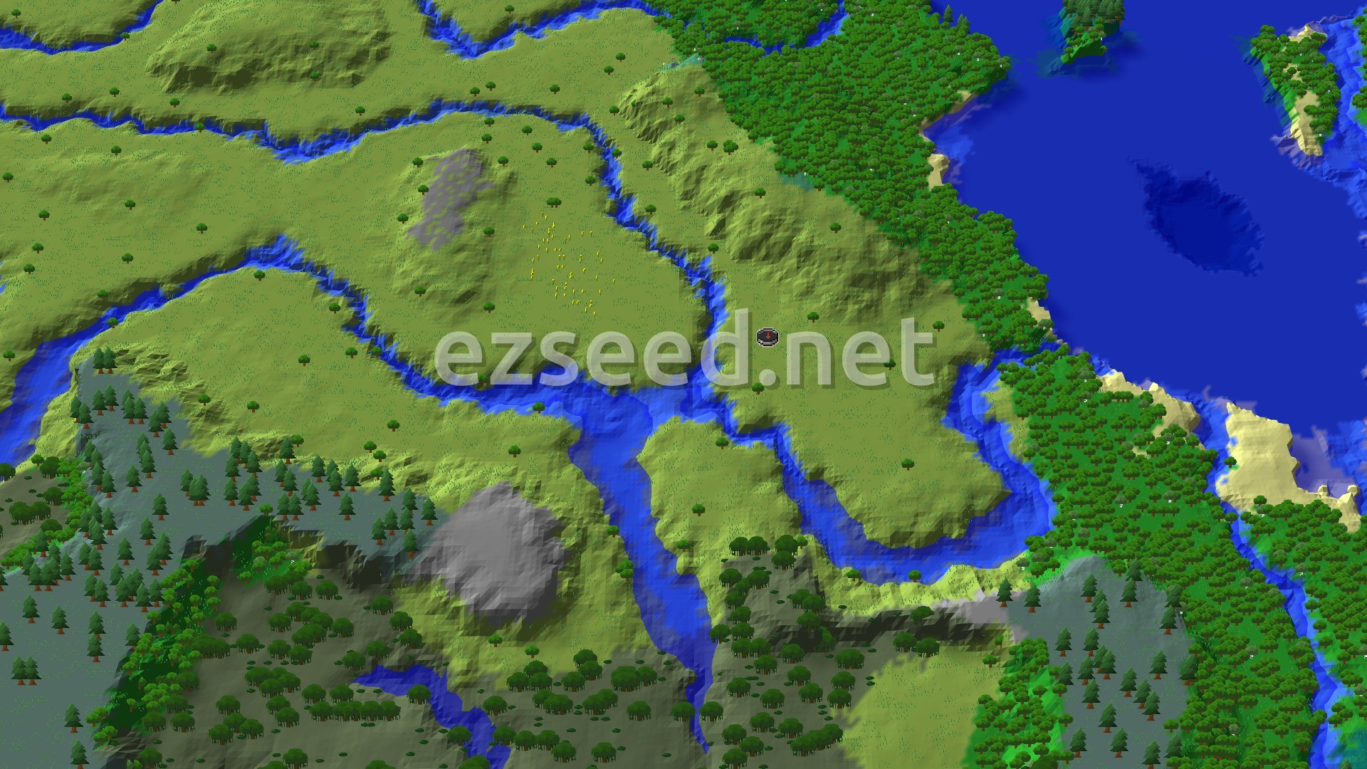 An aerial view shows a sprawling green landscape with meandering blue rivers, scattered trees, and a large body of water to the east, with a small spawn marker in the central plains.