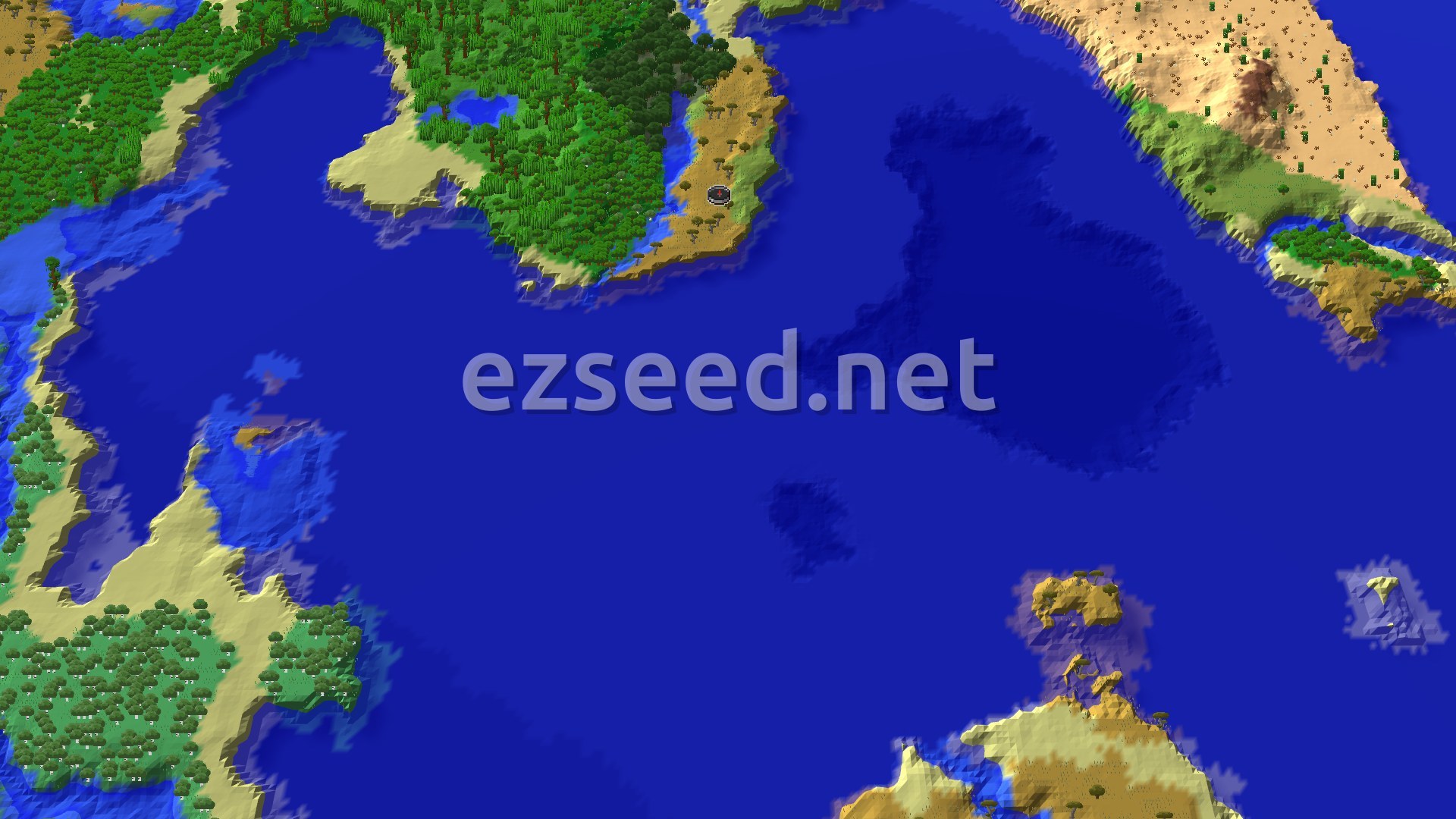 An overhead 3D view of a large ocean with several islands and coastlines. The main landmass to the north has a mix of green forests, light brown savannas, and some sandy beaches. A small spawn marker sits on a savanna-like area near the coast. Smaller islands are scattered across the blue ocean.