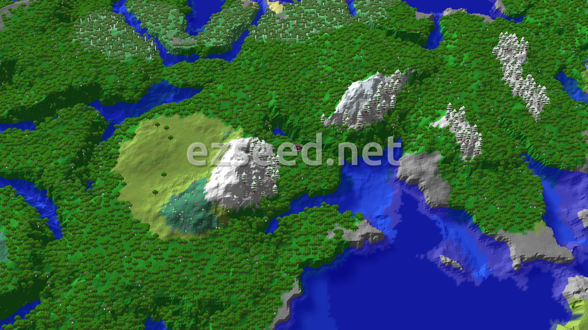 Aerial Minecraft seed map — Forest Spawn with Nearby Zombie Village and Snowy Slopes