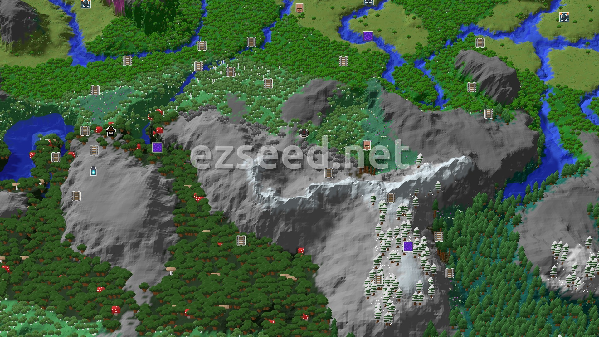 Aerial Minecraft seed map — A Mountainous Start with Nearby Villages and Mansions