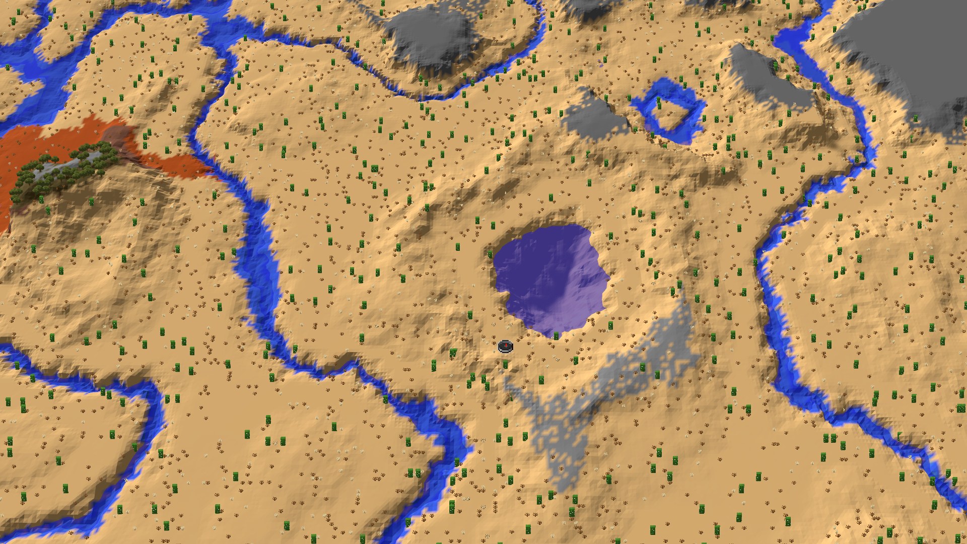 Aerial Minecraft seed map — Desert Start with a Nearby Village and Badlands