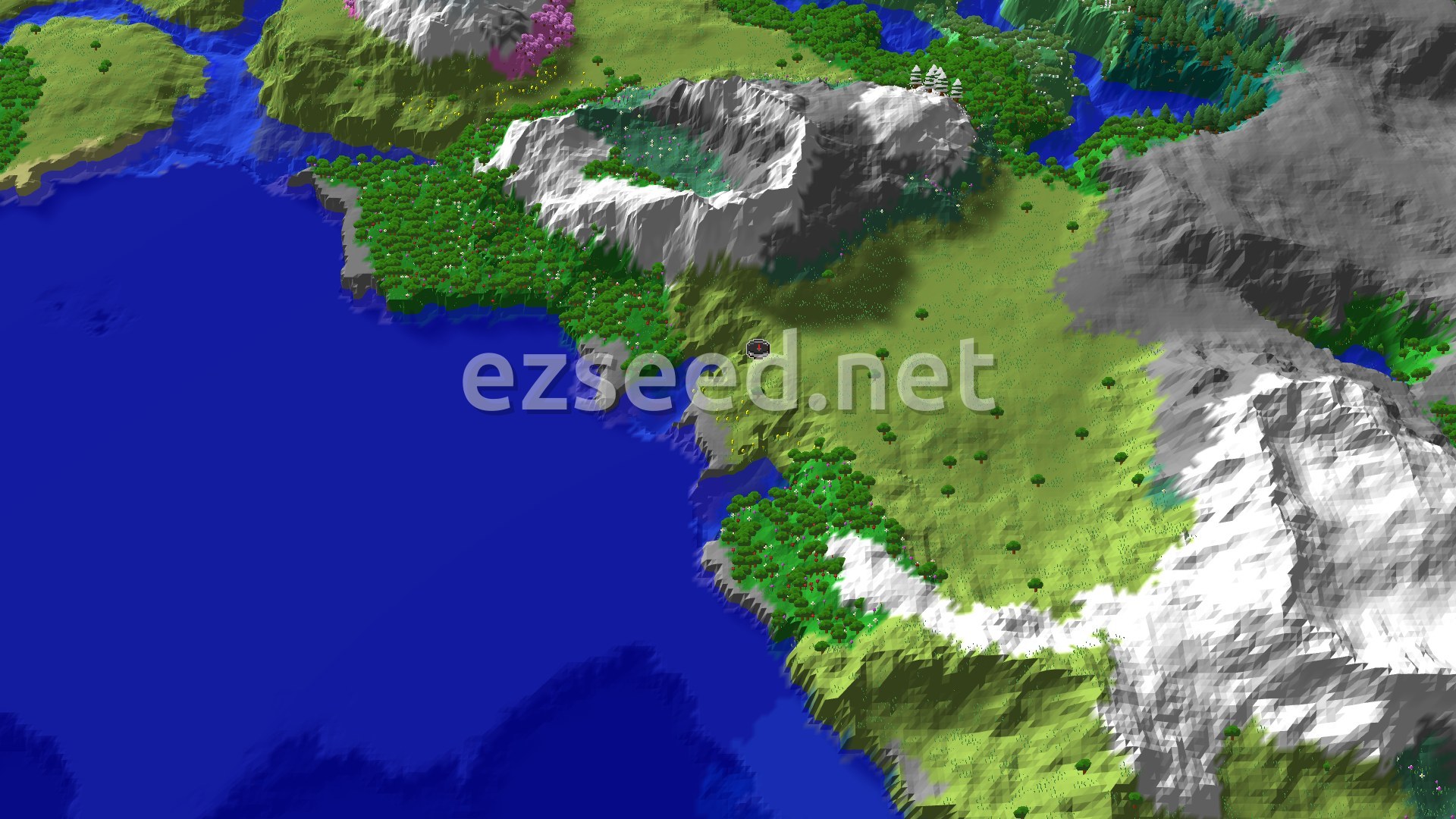 Aerial Minecraft seed map — Spawn Near Jagged Peaks and a Fast Mineshaft Start