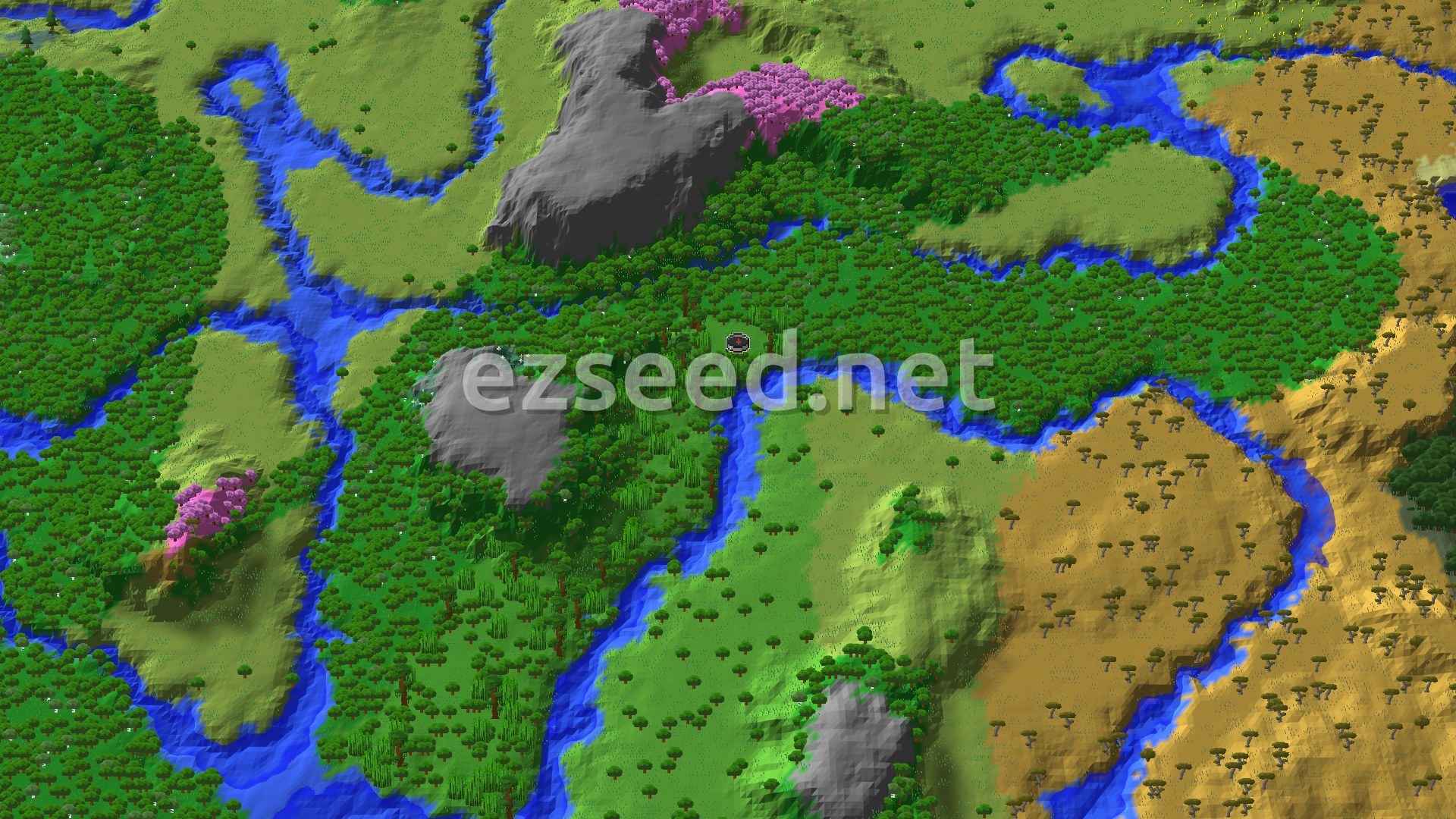 Aerial Minecraft seed map — Jungle Spawn with Nearby Cherry Grove Mountains
