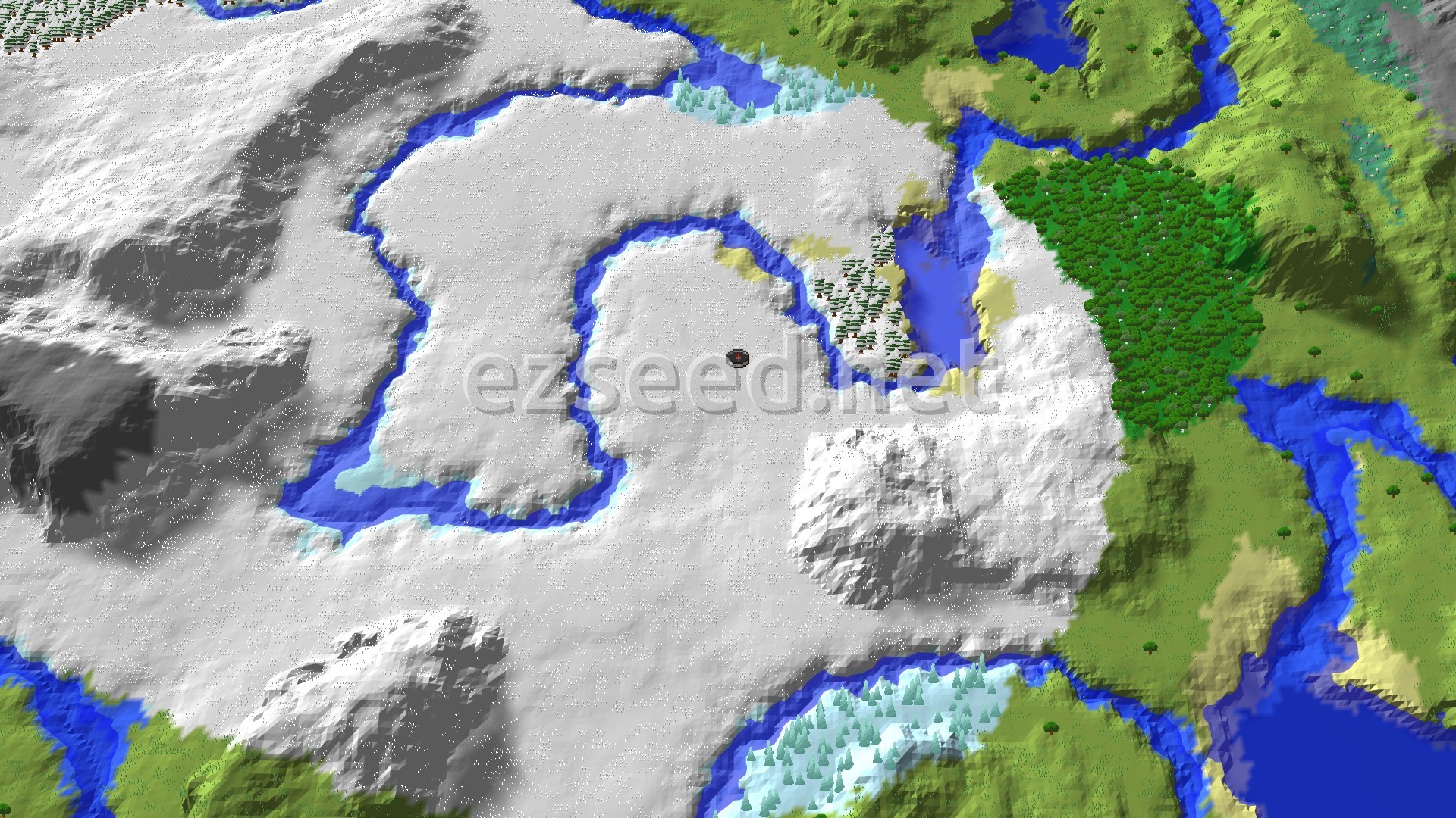 A 3D overhead view of a snow-covered landscape with a marker at the center, bordered by rivers, green plains, and forests.