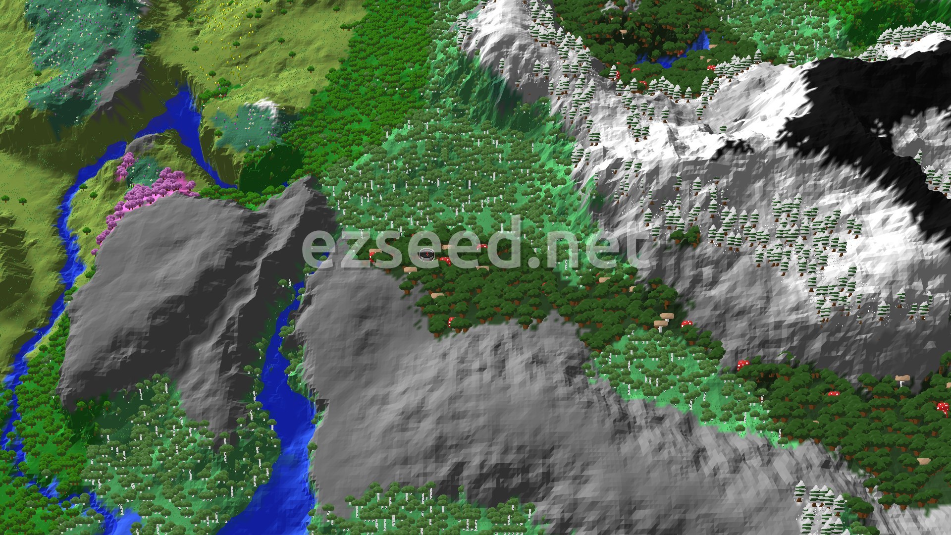 A 3D fly-over of a varied Minecraft landscape. The central spawn marker sits in a dark forest, surrounded by green trees, a winding blue river, and a large grey mountain range with snowy peaks to the east.
