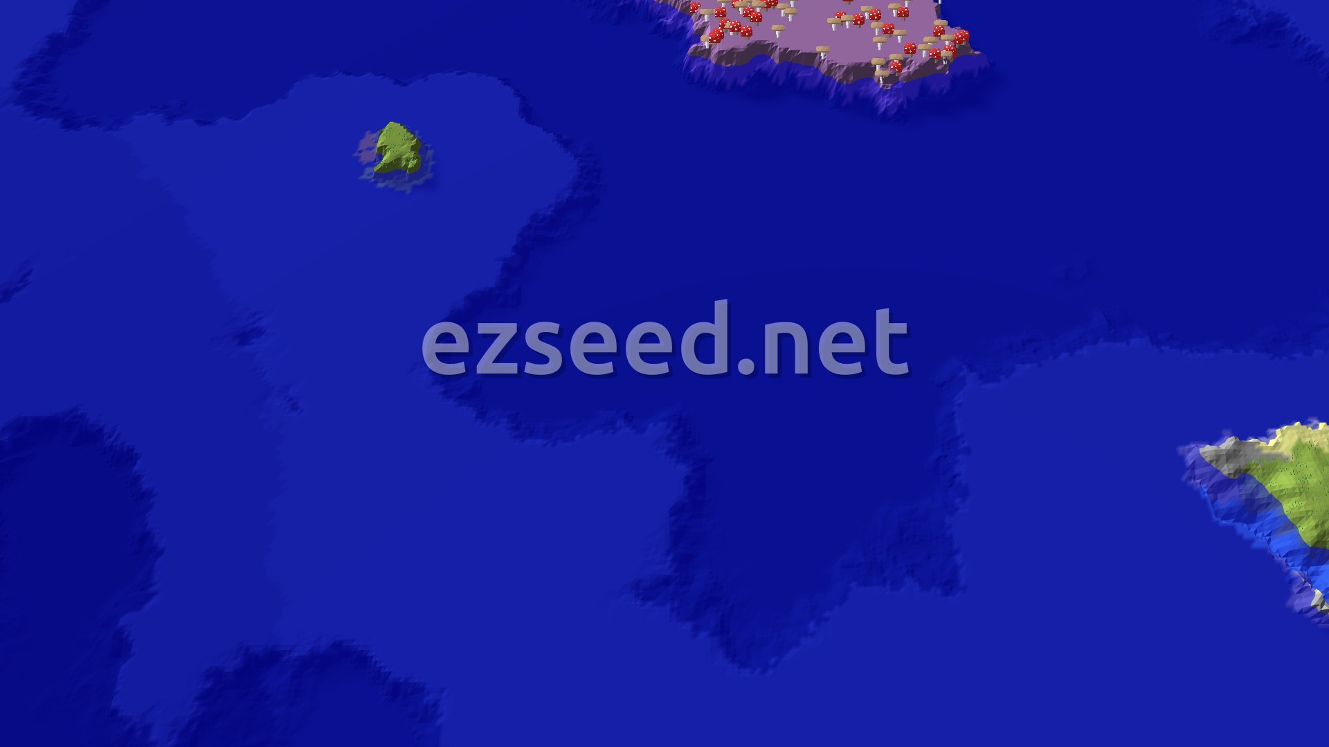 A 3D fly-over of a forest and ocean landscape with a small spawn marker in the center, showing a large mushroom fields biome across the ocean.