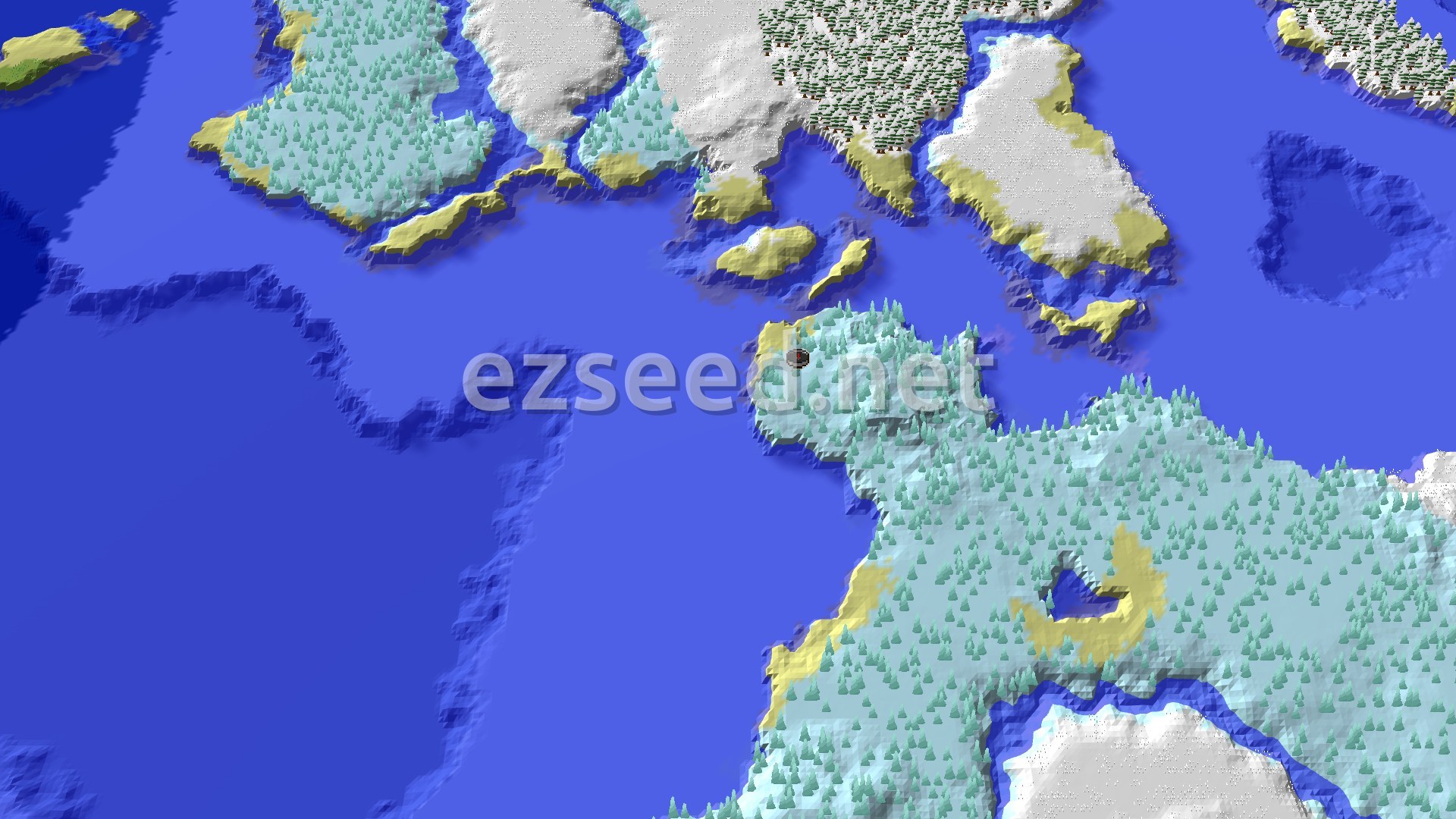 Aerial Minecraft seed map — Ice Spikes Spawn with Nearby Trial Chambers