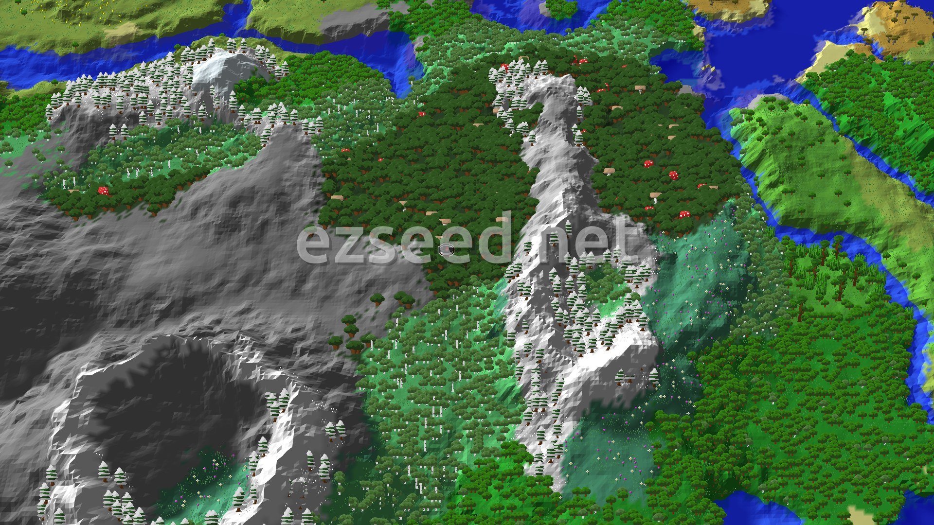 A 3D fly-over of a dark forest valley with higher ground surrounding it, lush with trees and some open meadows, under a clear sky.