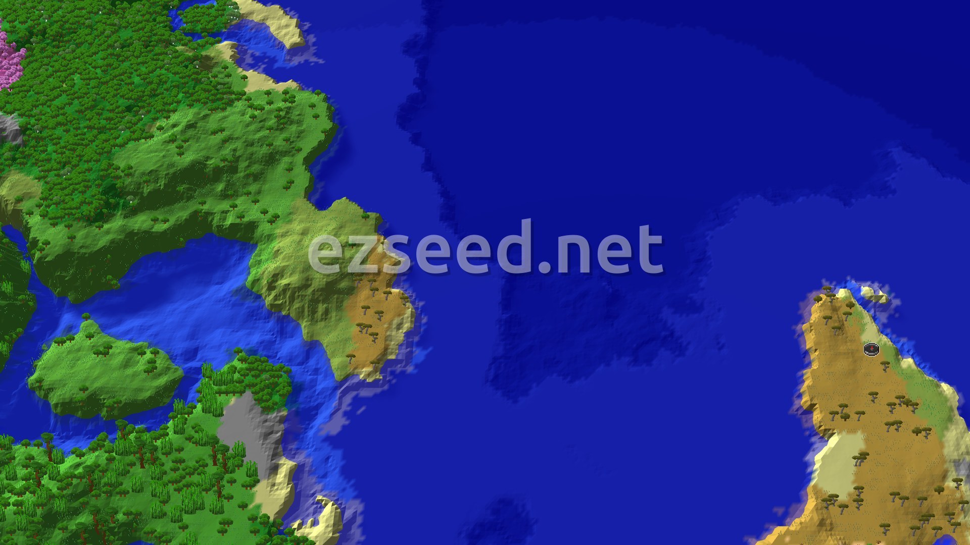 An aerial view of varied terrain, showing a mix of green savanna and forest biomes, sandy beaches, and vast blue oceans.