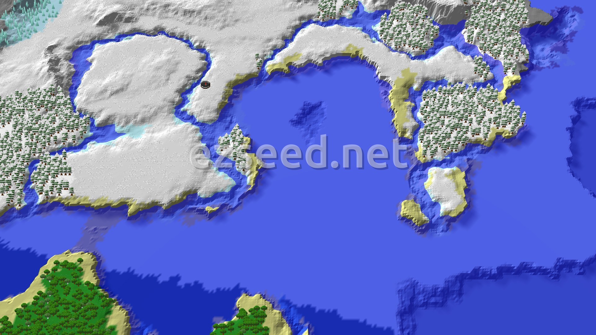 A 3D render of a snowy landscape with patches of dark green trees, light blue frozen rivers, and a large dark blue ocean. A small spawn marker is visible on a snowy plain.