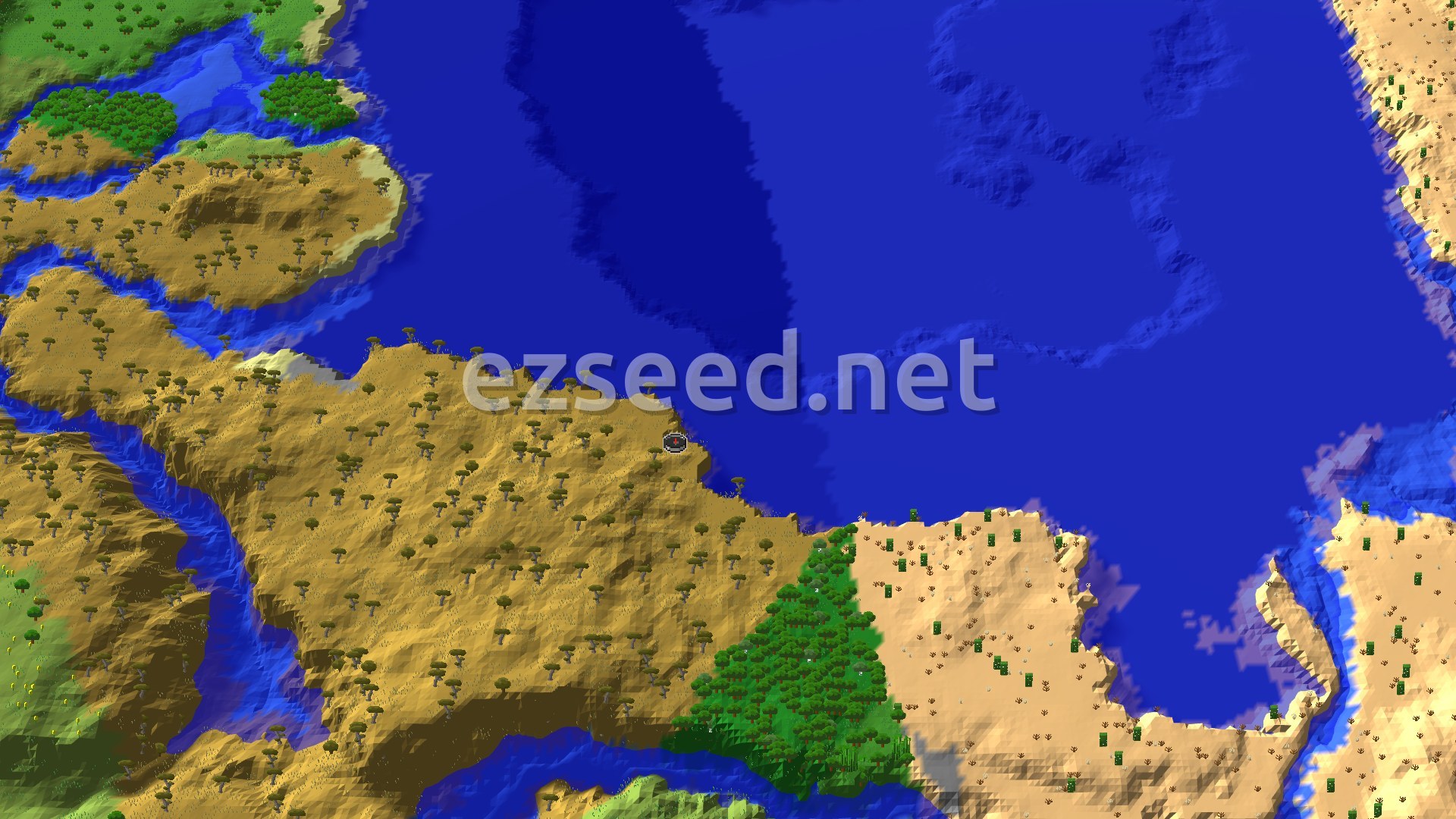 A 3D fly-over shows a savanna landscape with scattered acacia trees, bordered by a large ocean to the north and east, and a forest biome to the south.