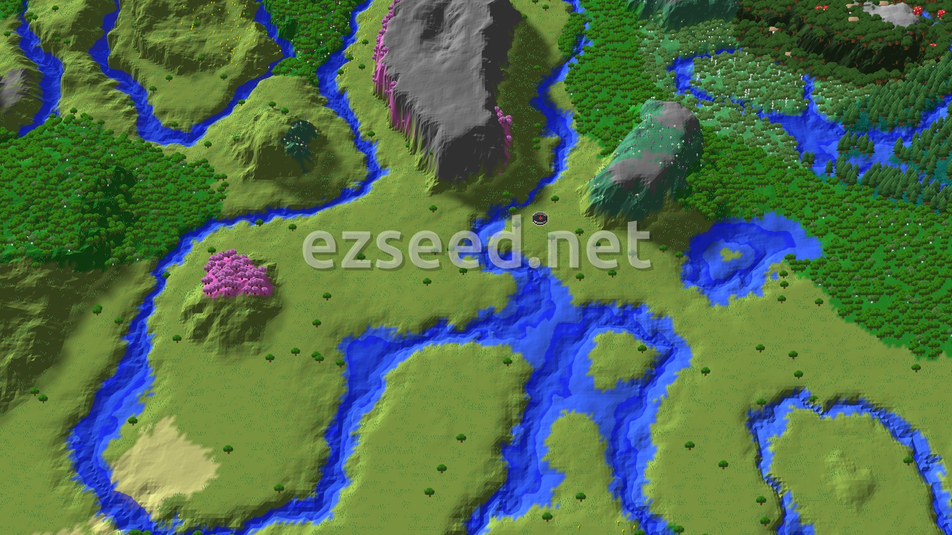 An aerial view of a verdant valley, crisscrossed by rivers, with a distinct pink-leafed Cherry Grove biome visible among green plains and forests. A small spawn marker sits in the center.