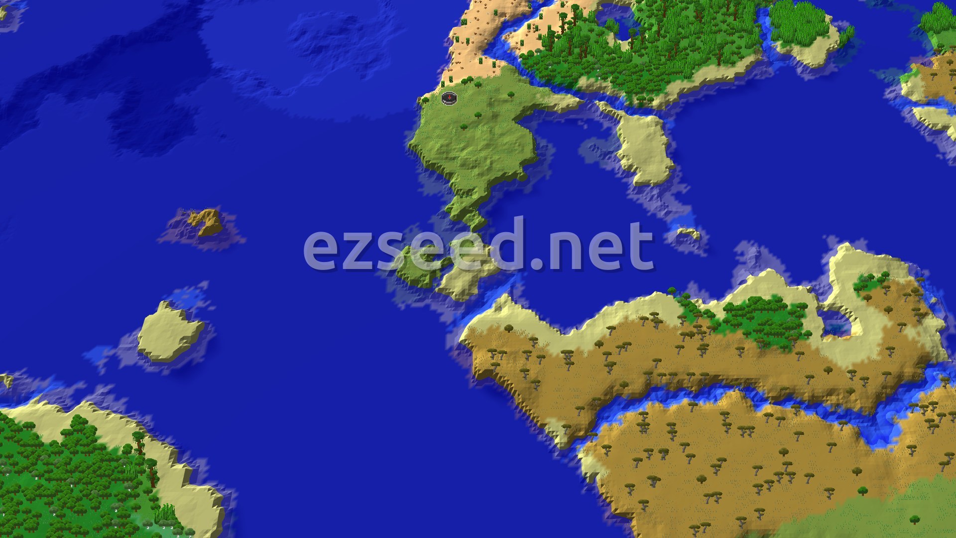 A 3D fly-over of a varied coastal terrain with plains, desert, and ocean biomes, featuring a small spawn marker.