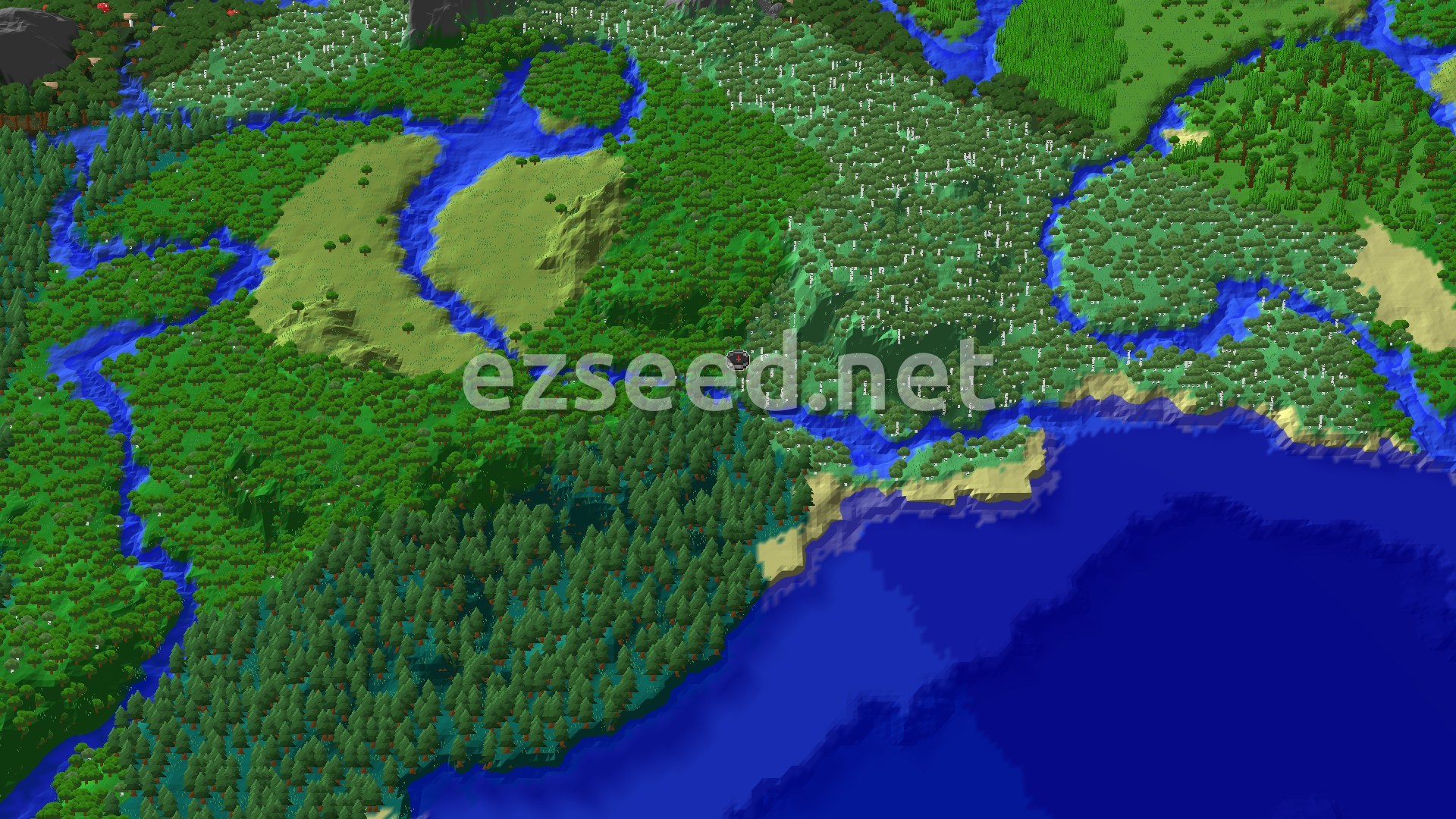An aerial view of a dense Old Growth Birch Forest with a river winding through it, surrounded by other conifer forests and some flat plains.