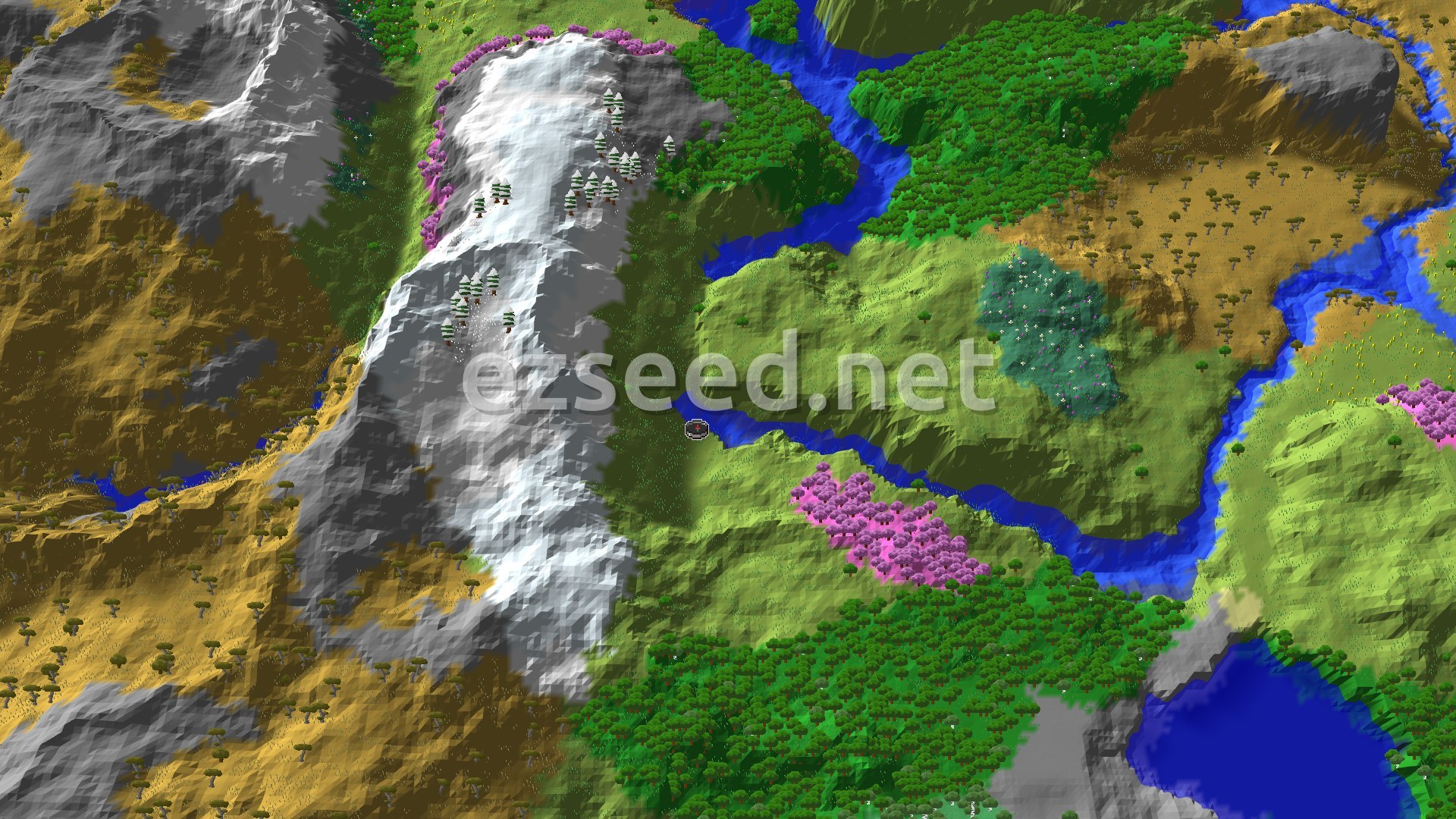 A 3D fly-over shows a diverse landscape around spawn, featuring plains, a winding river, snow-capped mountains with cherry trees, and areas of dense green forest.