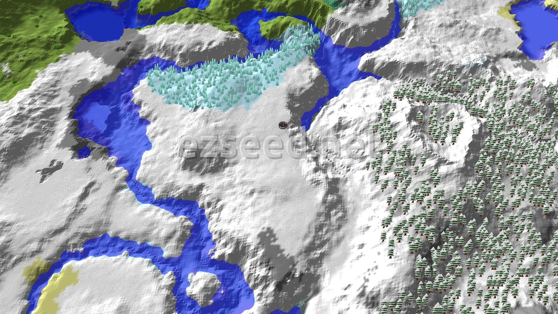 Aerial Minecraft seed map — Ice Spikes Near Spawn Amidst Snowy Peaks