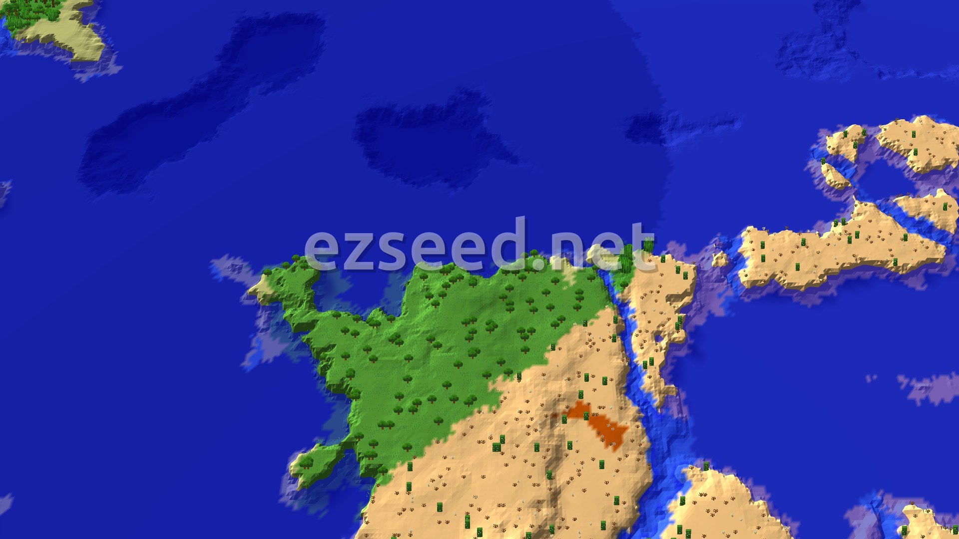 An overhead view of a diverse landscape featuring vast blue oceans, sandy deserts with scattered cacti, and a lush green forest or savanna biome. A small orange patch is visible within the desert.