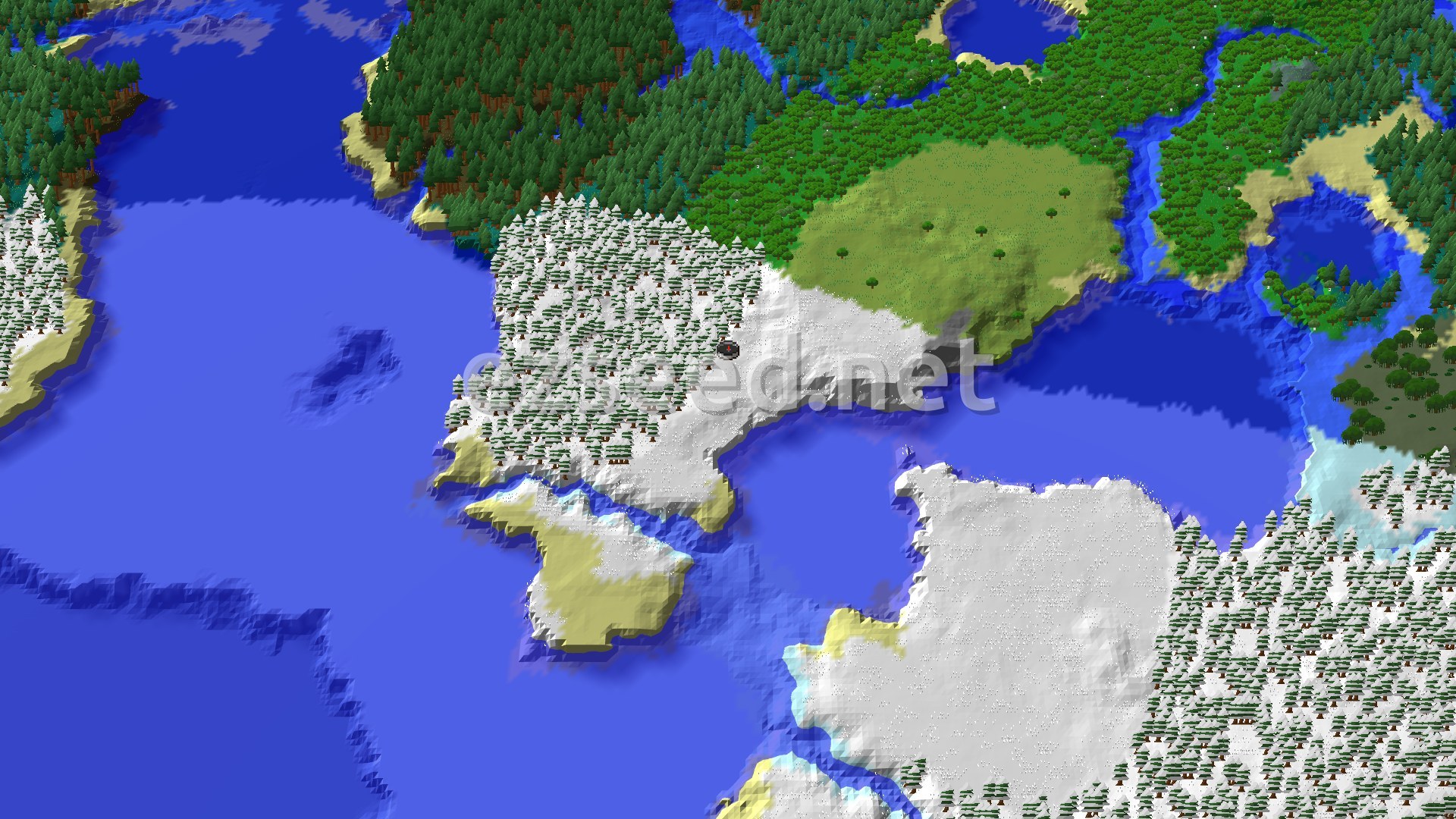 An overhead view of a snow-covered landscape with large forests, open snowy plains, and a central body of water. A spawn marker is visible in the snowy plains.