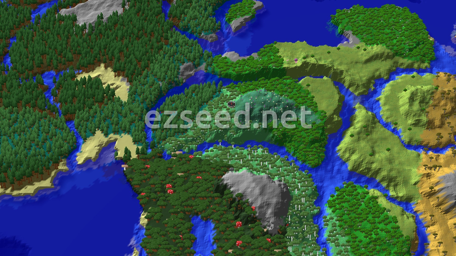 An overhead view of varied terrain, including dense forests, light green meadows, a winding blue river, and a grey rocky outcrop, with a small spawn marker in the center.