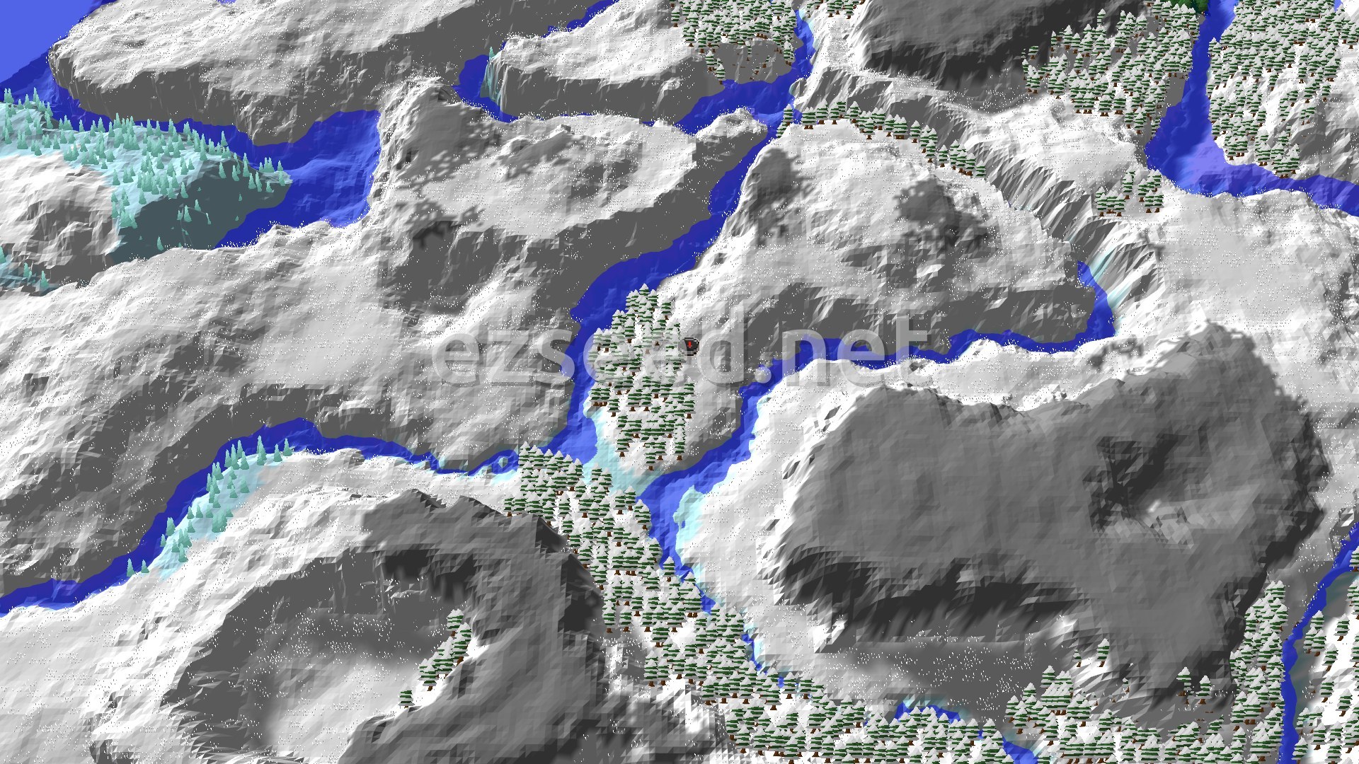 An aerial view of a snowy, mountainous landscape crisscrossed by frozen rivers, with patches of evergreen trees.