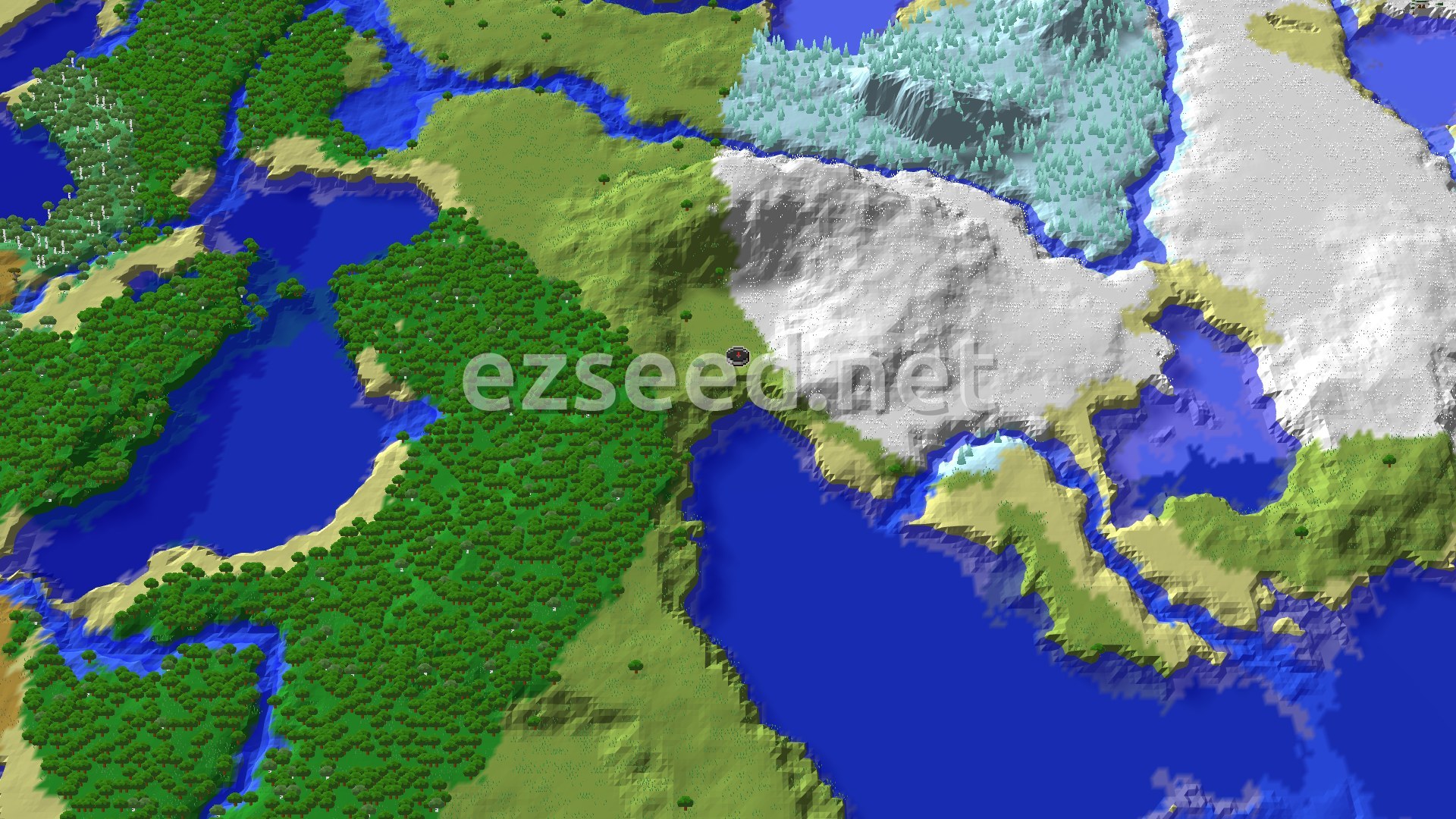 An aerial view of the spawn area shows a mix of green plains and forests, a large body of water, and a snowy region to the north, with the spawn marker central.
