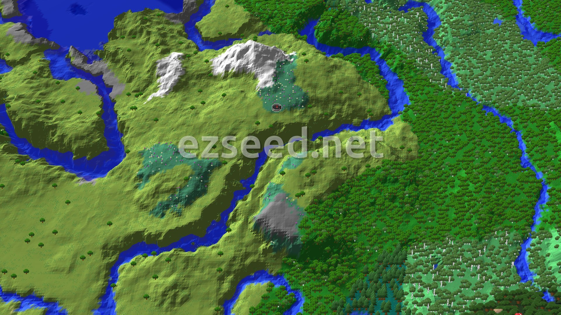 Aerial Minecraft seed map — Snowy Slopes Near Spawn for a Mountain Base