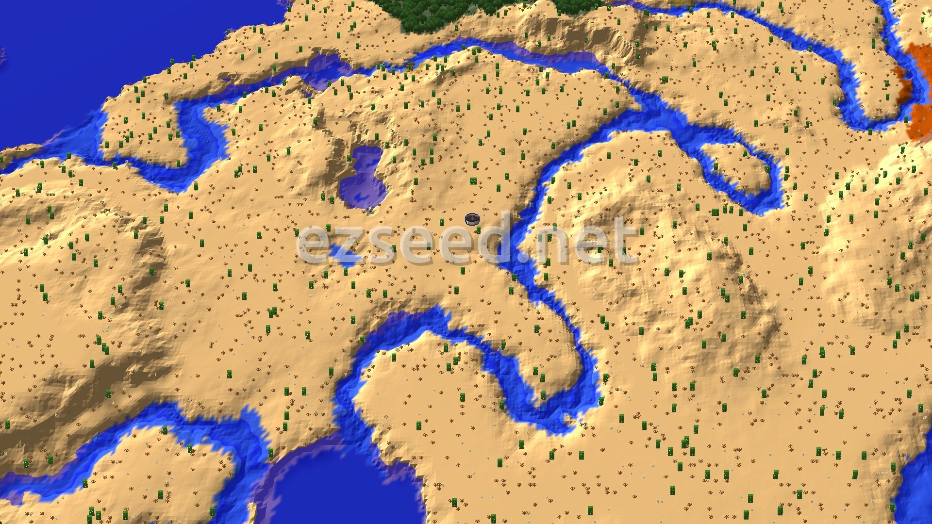 An aerial view of a sprawling desert landscape, dotted with cacti and small shrubs. A winding river cuts through the sandy terrain, and a larger body of water is visible in the distance. The terrain is mostly flat with some gentle rises.
