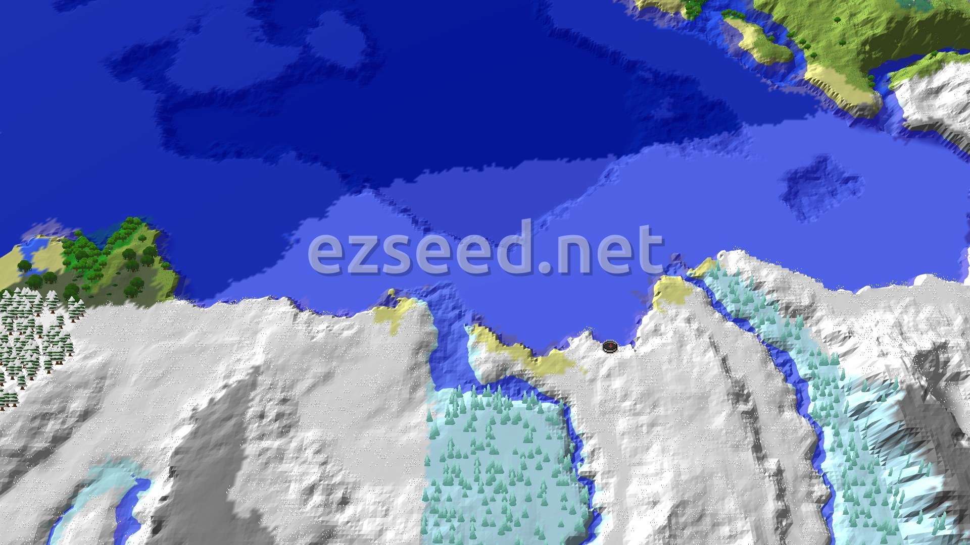 An aerial view shows a vast, snow-covered landscape with mountains and plains, bordered by a large blue ocean. A small patch of green trees is visible on the far left, while lighter green trees dot a snowy valley to the right. A tiny spawn marker is centered on a snowy plain.