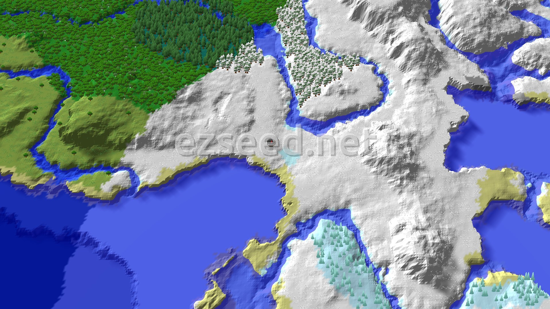 Aerial Minecraft seed map — Ice Spikes Near Spawn in a Snowy World