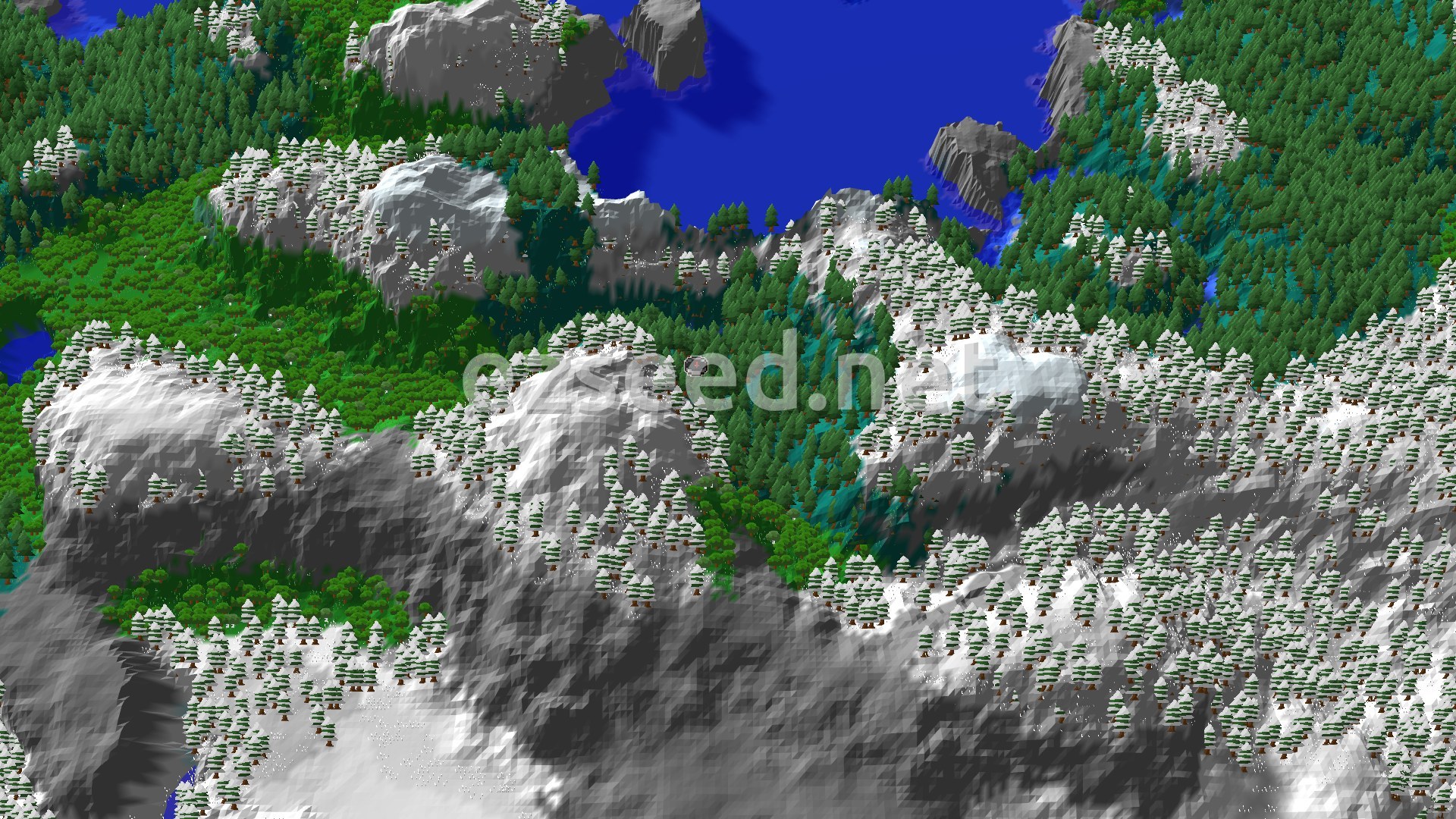A 3D fly-over of a mountainous, forested landscape with snow-capped peaks and some visible bodies of water.